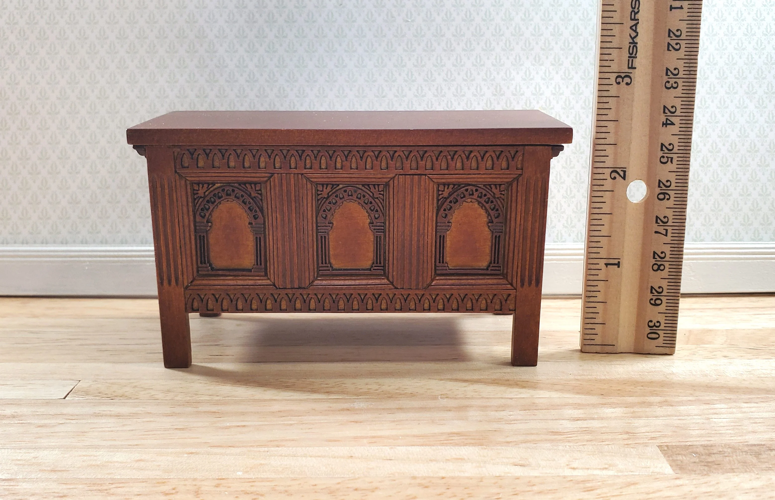 JBM Dollhouse Trunk Chest Tudor Gothic Style Walnut Finish 1:12 Scale Miniature - Image 6
