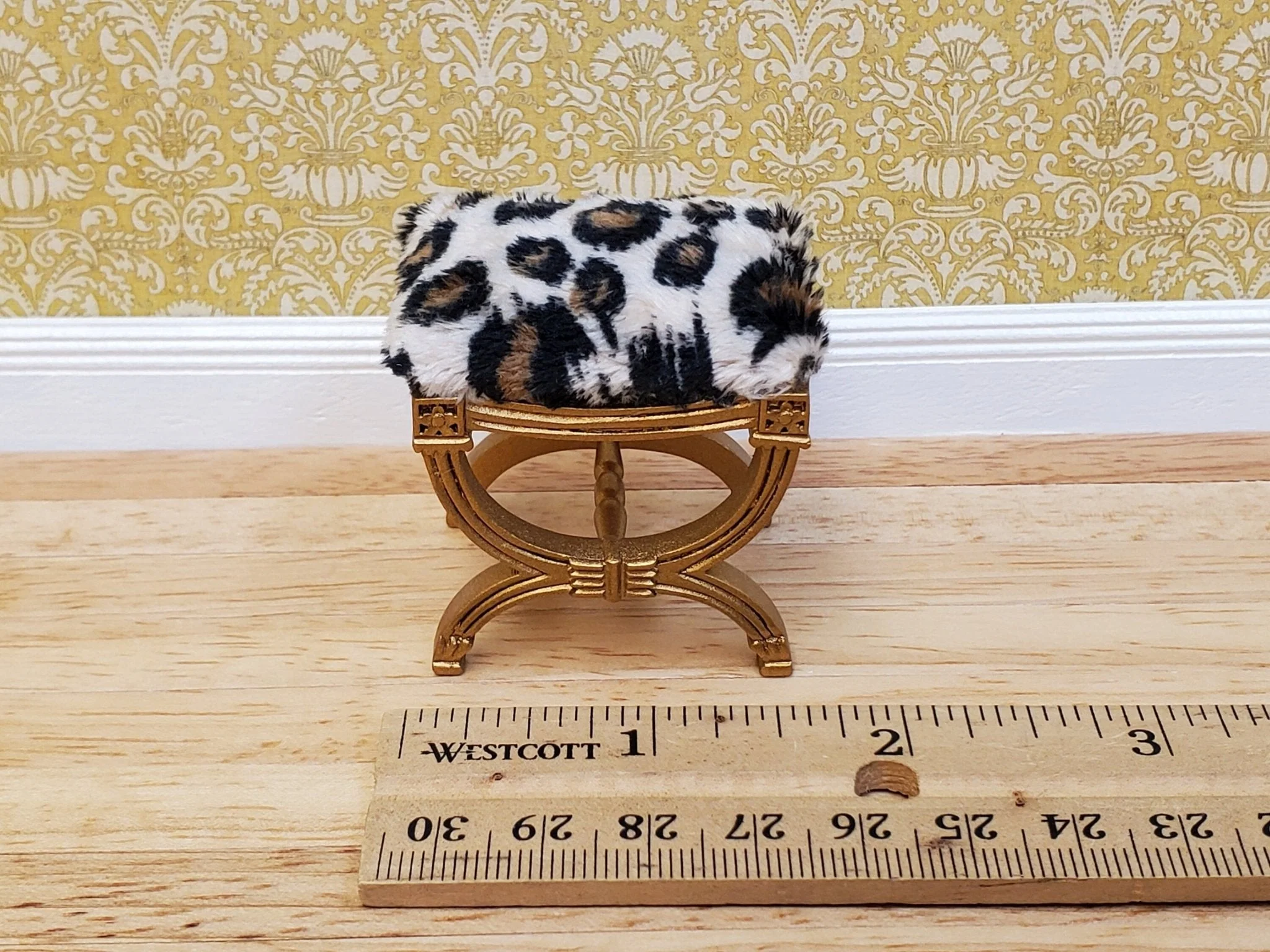 JBM Dollhouse Vanity Stool Bench Wood Animal Print Seat 1:12 Scale Miniature Furniture - Image 4