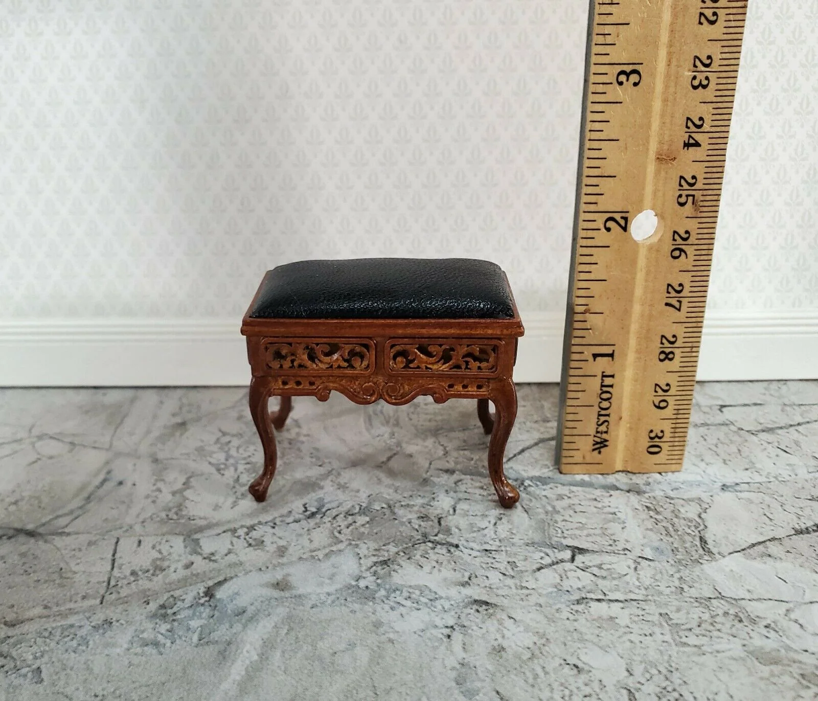 JBM Dollhouse Vanity Stool Bench Wood Faux Leather Seat 1:12 Scale Furniture - Image 4