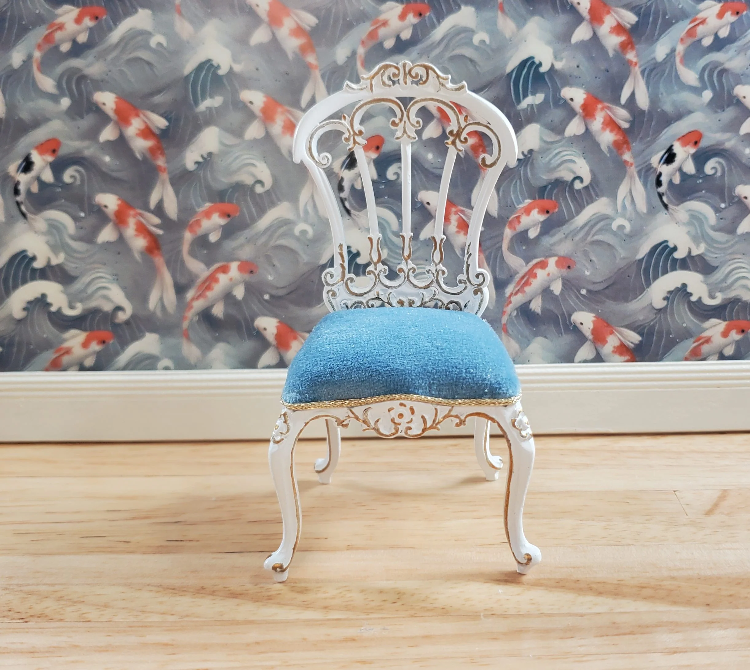 JBM Dollhouse Victorian Dressing Chair White Gold Blue 1:12 Scale Furniture - Image 2