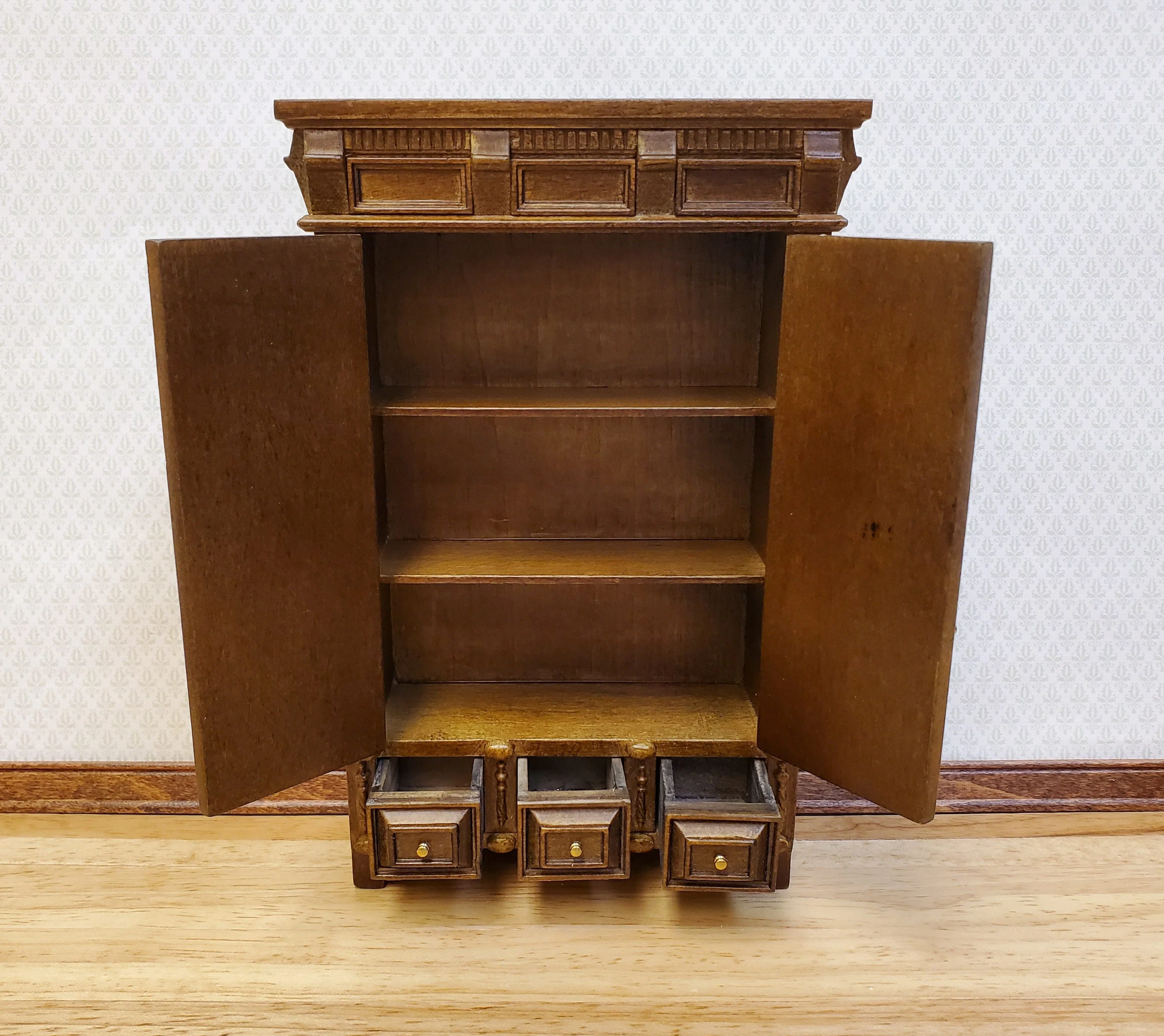 JBM Dollhouse Wardrobe Closet French Louis XIII Style Walnut Finish 1:12 Scale Miniature Furniture - Image 3