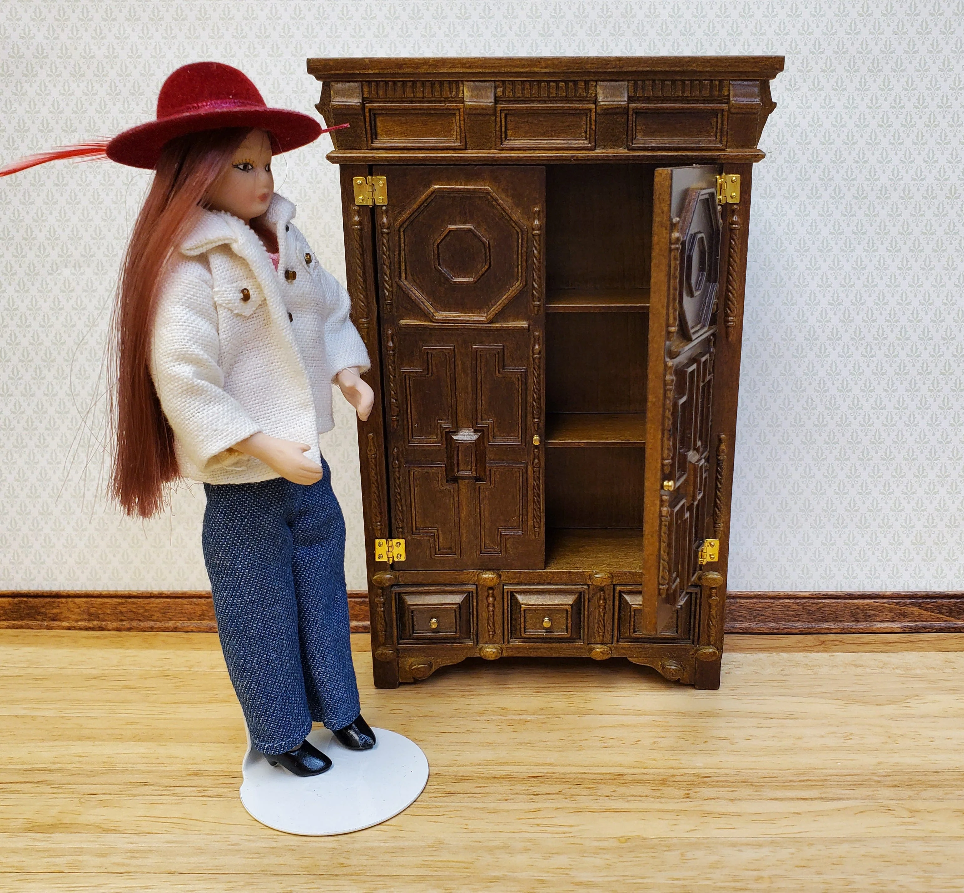 JBM Dollhouse Wardrobe Closet French Louis XIII Style Walnut Finish 1:12 Scale Miniature Furniture - Image 4