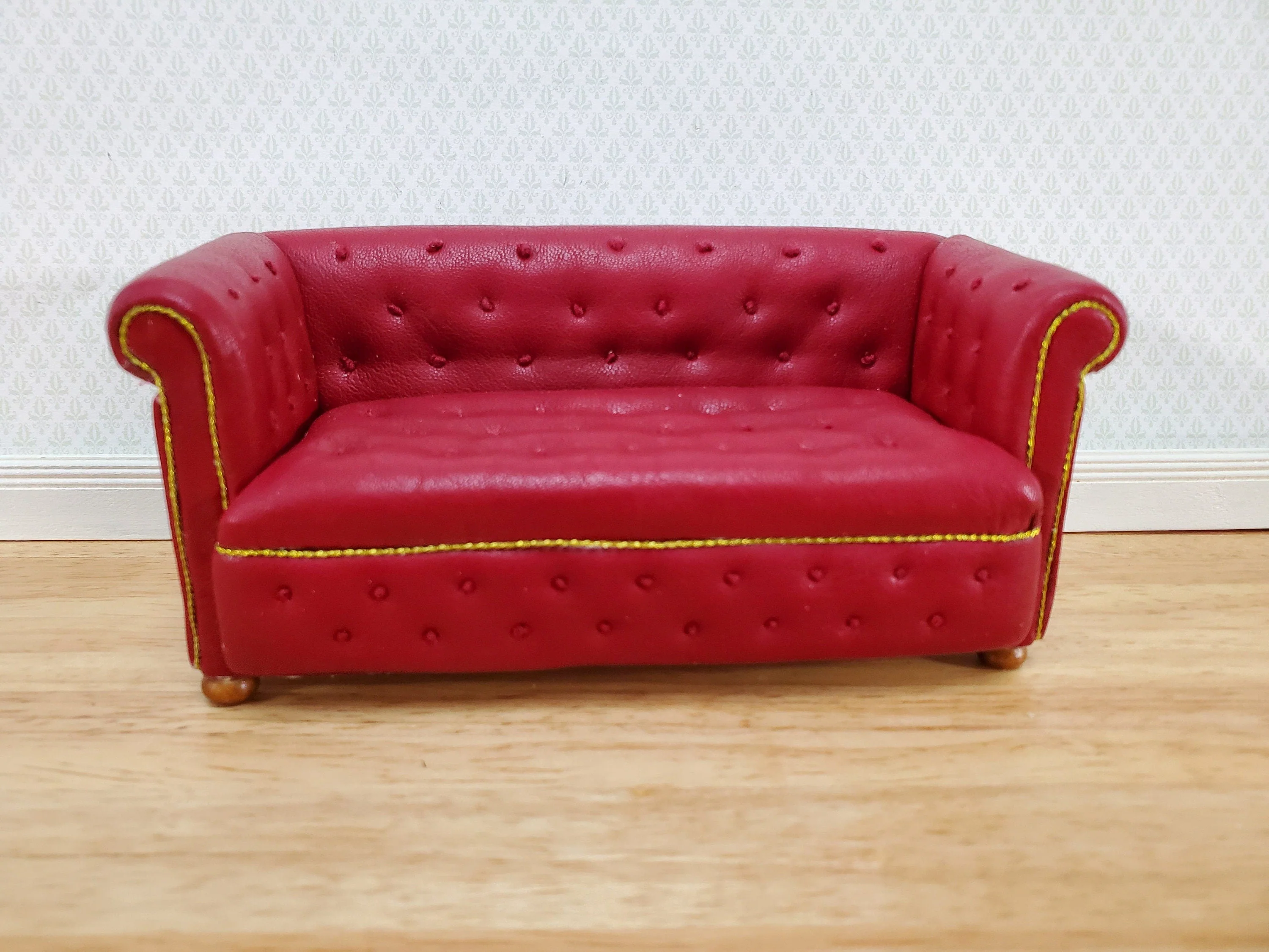 JBM Miniature Chesterfield Sofa Red Tufted Faux Leather 1:12 Scale Dollhouse Furniture - Image 2