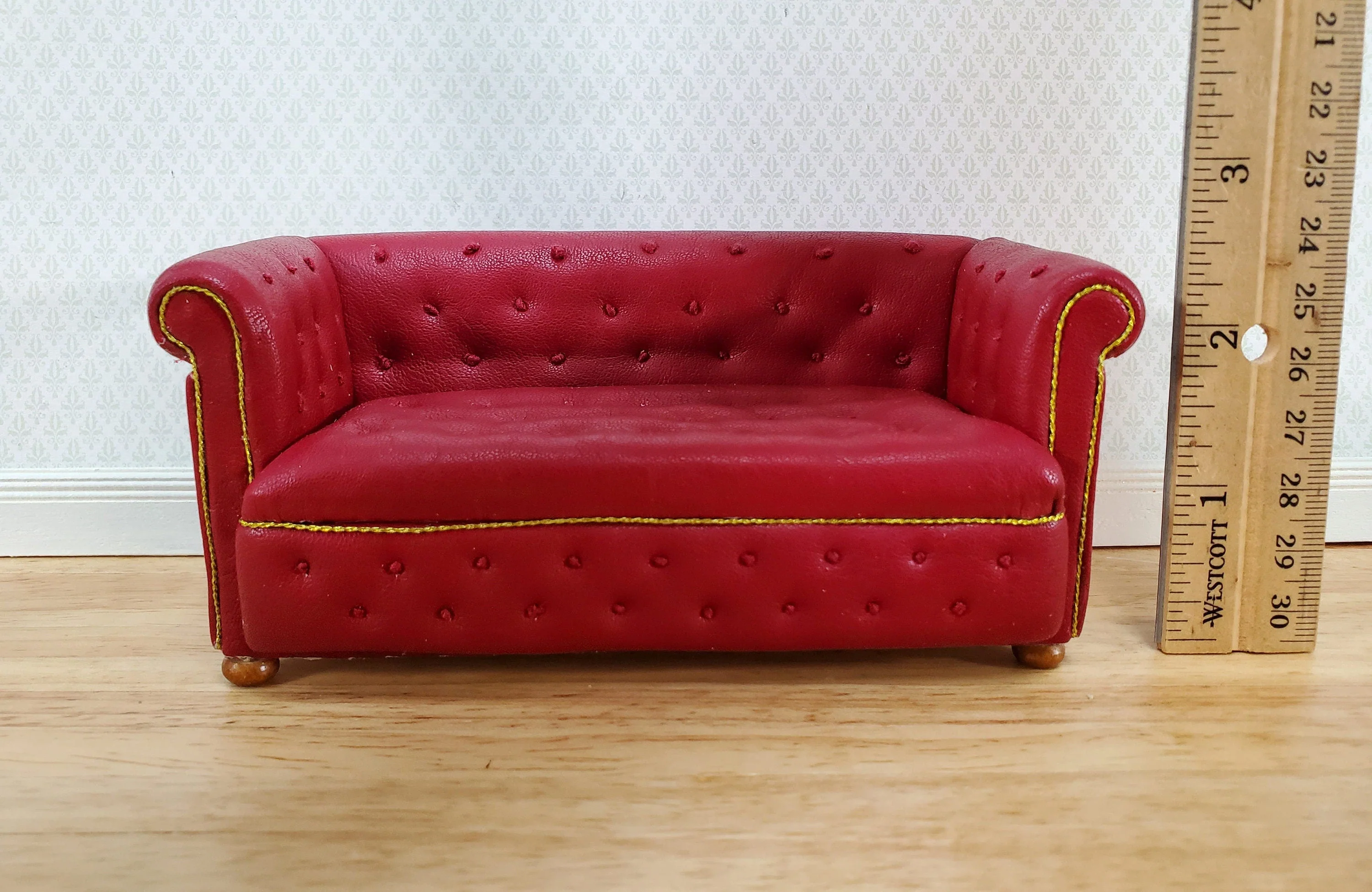 JBM Miniature Chesterfield Sofa Red Tufted Faux Leather 1:12 Scale Dollhouse Furniture - Image 6