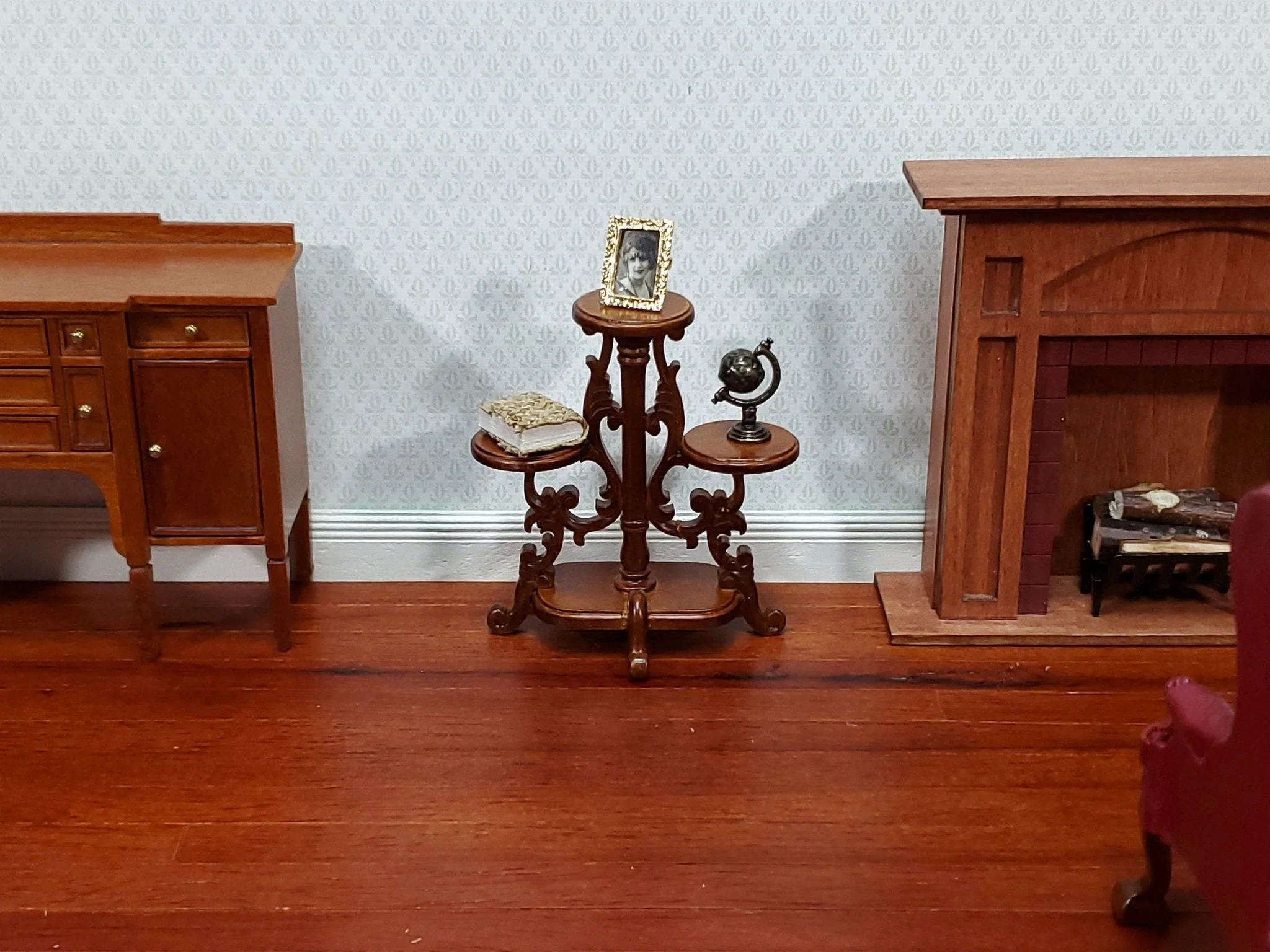 JBM Miniature Plant Stand Victorian Style Walnut Finish 1:12 Scale Dollhouse Furniture - Image 5