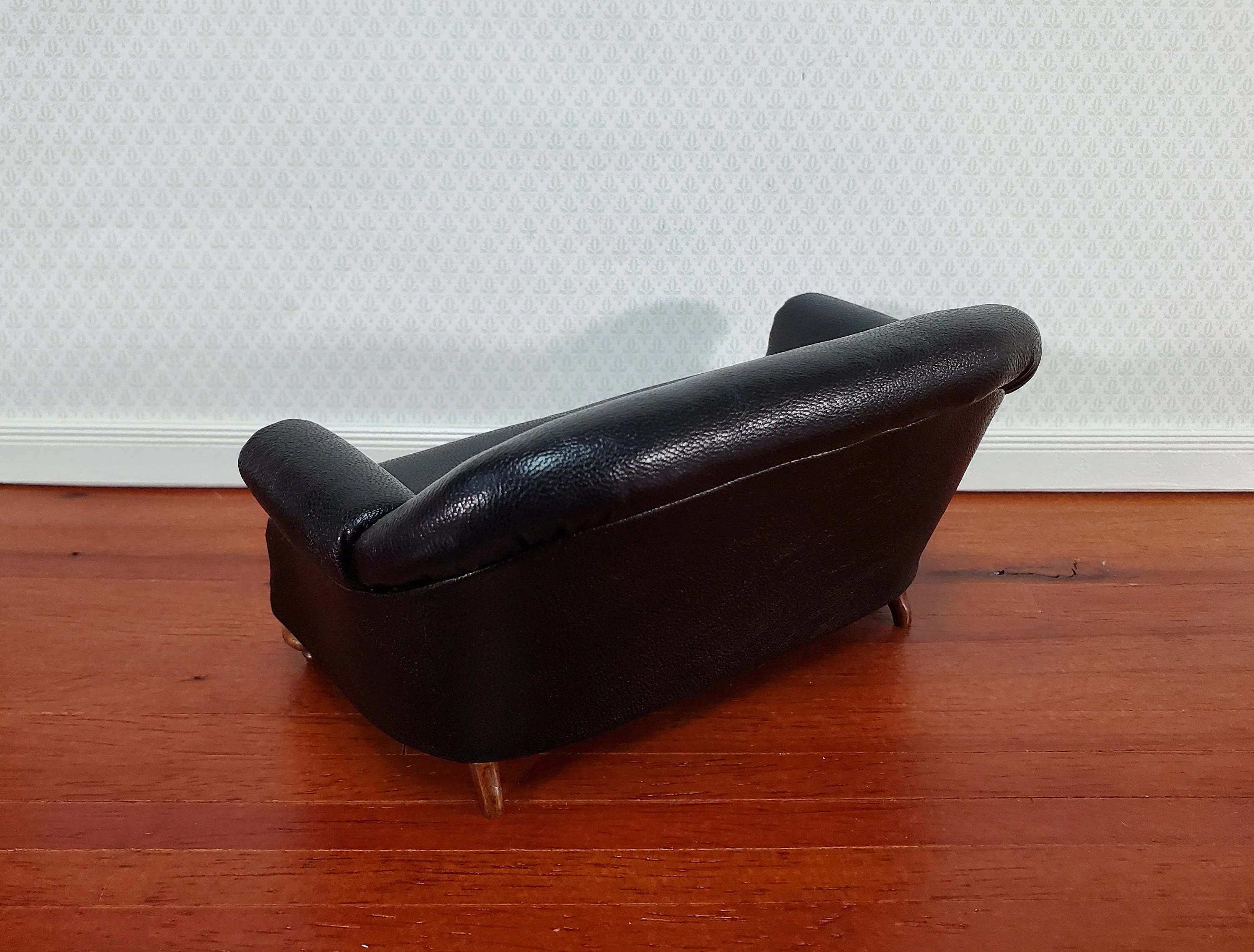 Dollhouse Sofa Black Tufted Faux Leather 1:12 Scale Miniature Furniture by JBM - Image 2