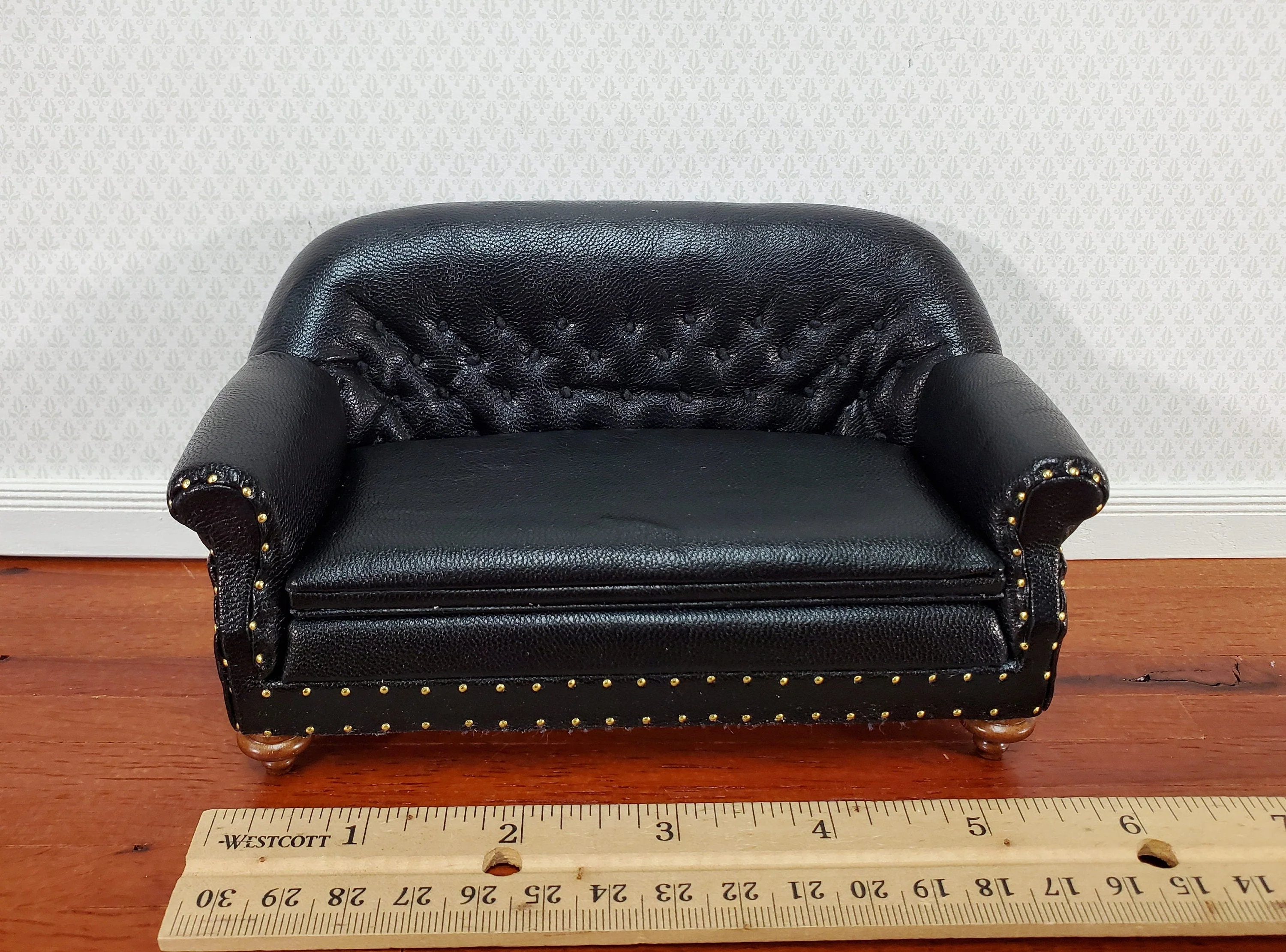 Dollhouse Sofa Black Tufted Faux Leather 1:12 Scale Miniature Furniture by JBM - Image 3
