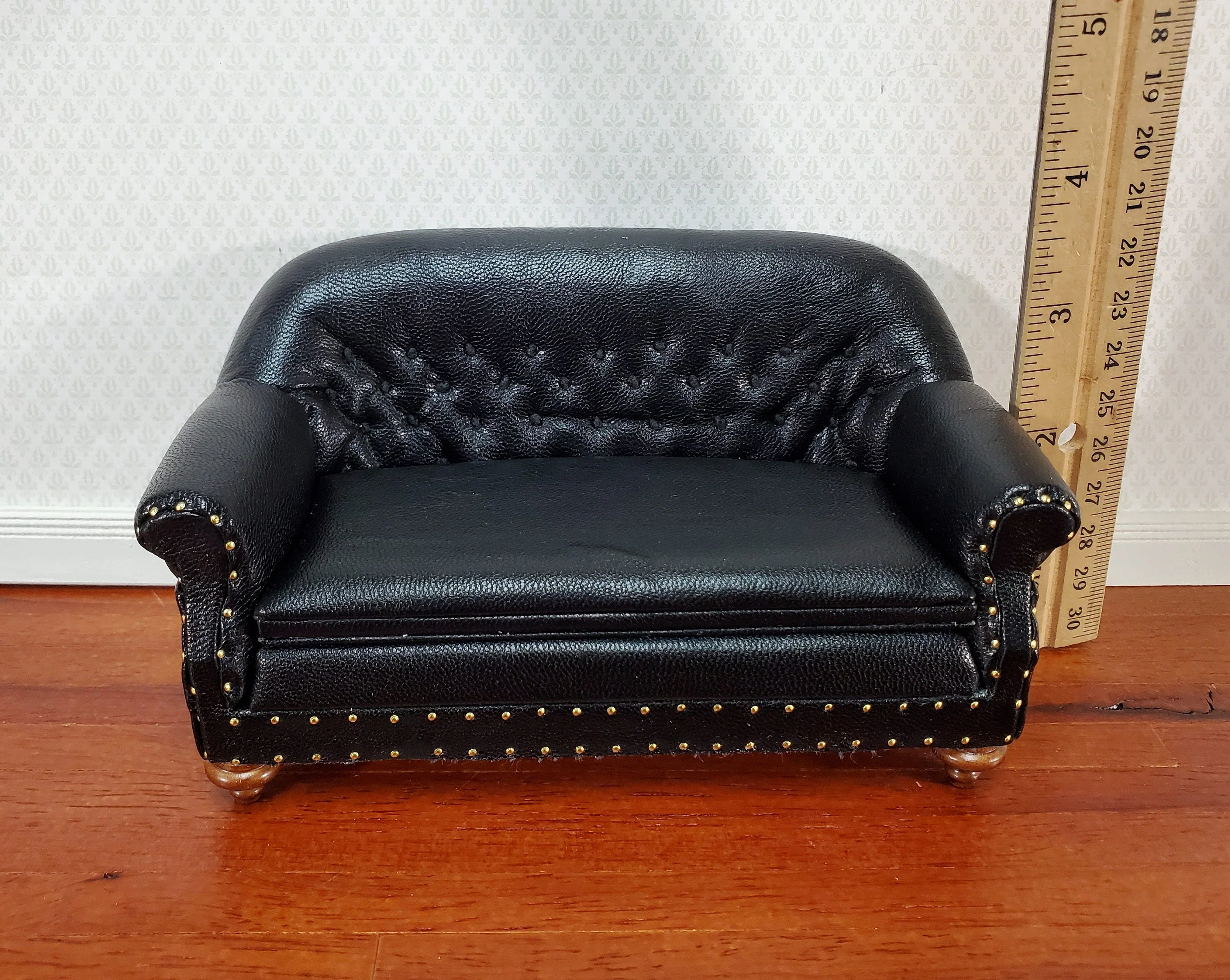 Dollhouse Sofa Black Tufted Faux Leather 1:12 Scale Miniature Furniture by JBM - Image 4