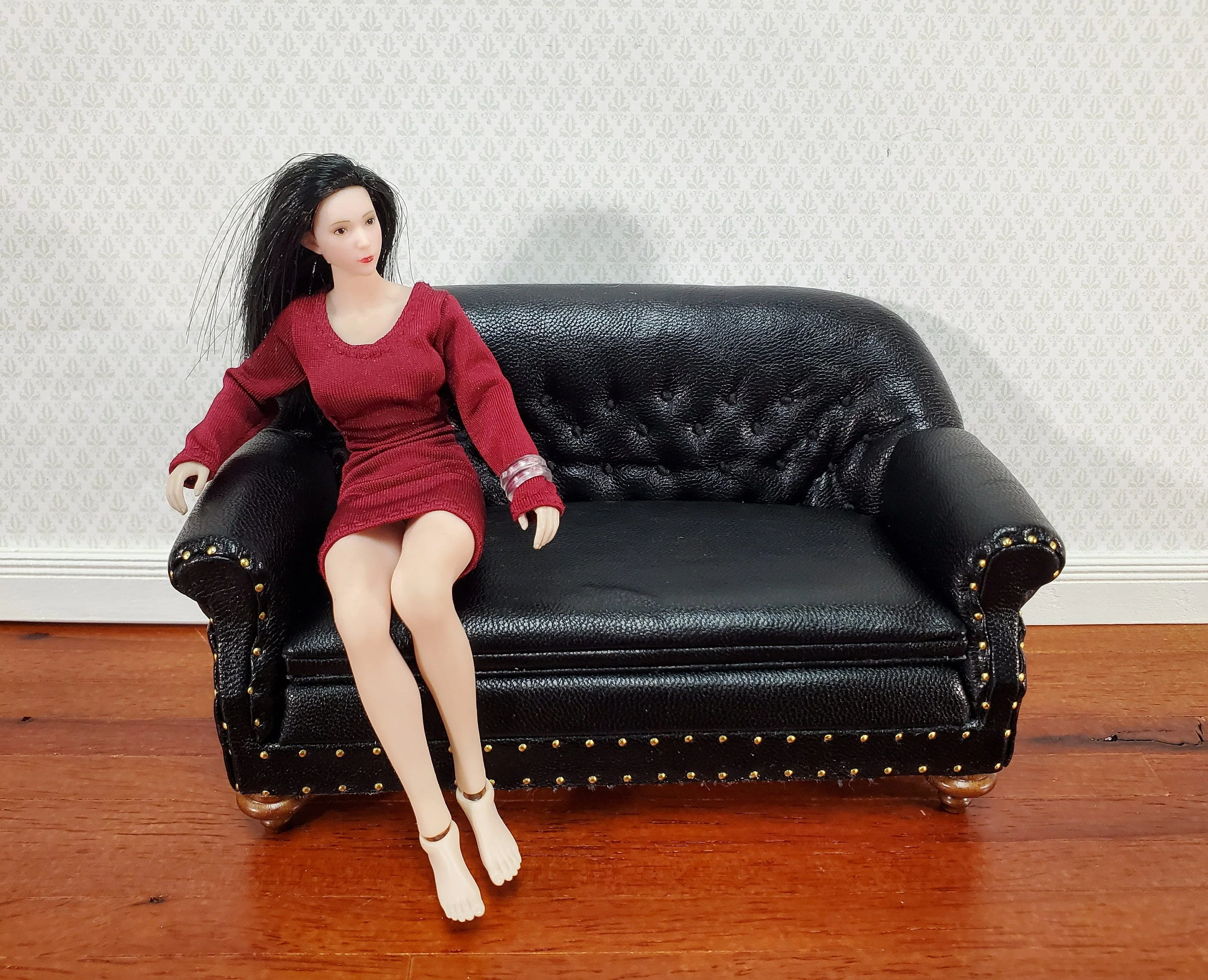 Dollhouse Sofa Black Tufted Faux Leather 1:12 Scale Miniature Furniture by JBM - Image 5
