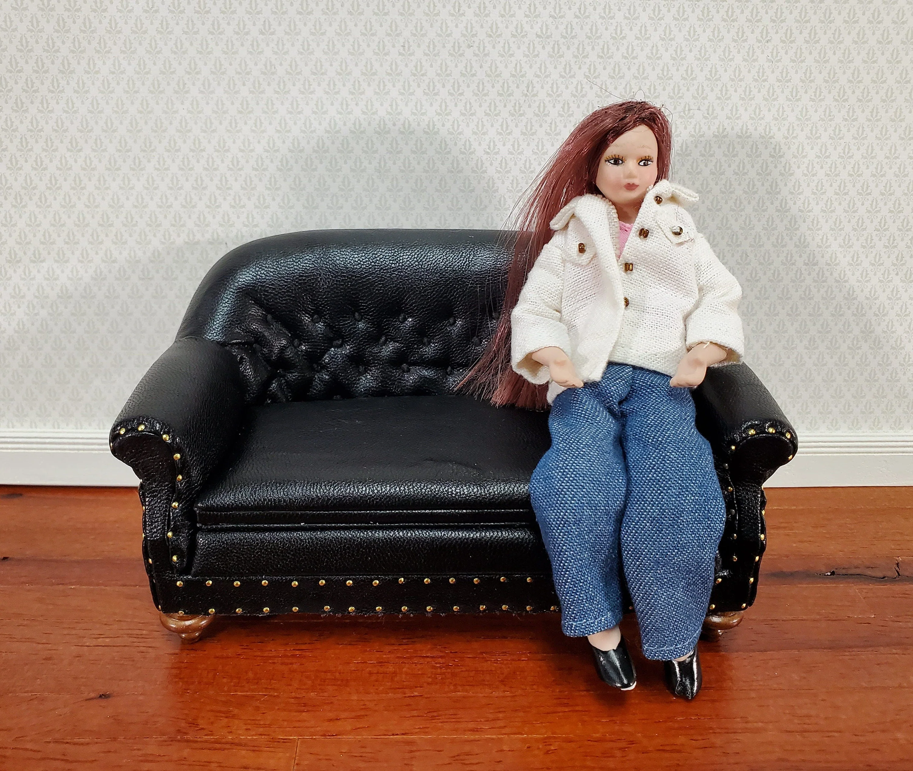 Dollhouse Sofa Black Tufted Faux Leather 1:12 Scale Miniature Furniture by JBM - Image 6