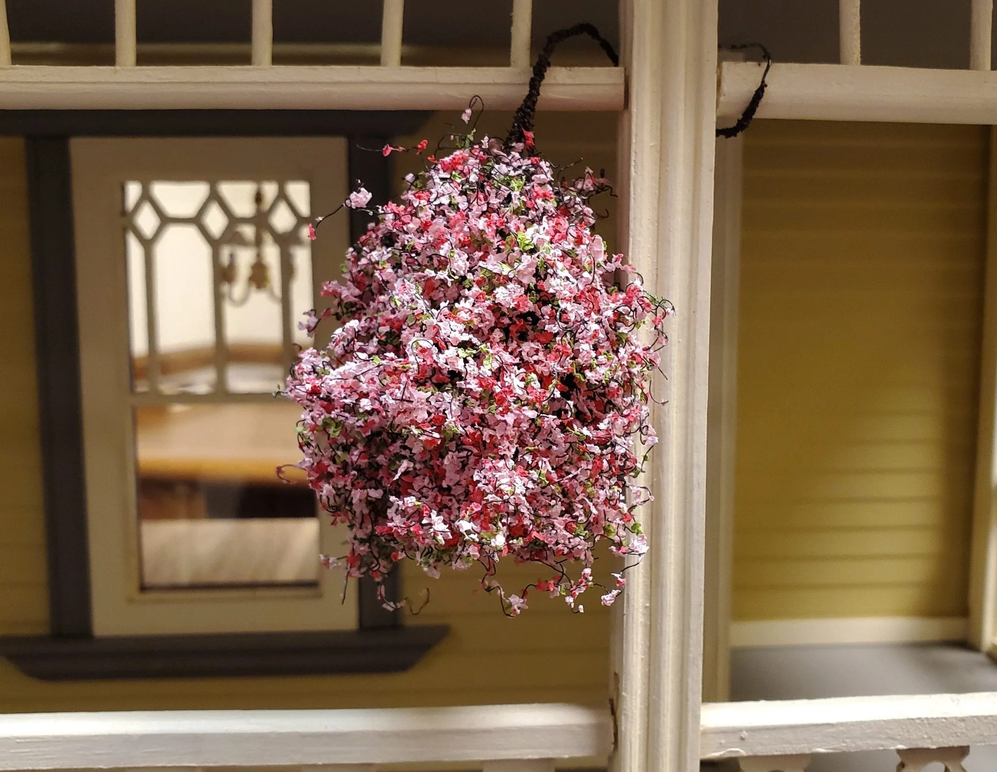 Large Miniature Hanging Plant Flowers Pink Green Model Scenery 1:12 Scale - Image 5