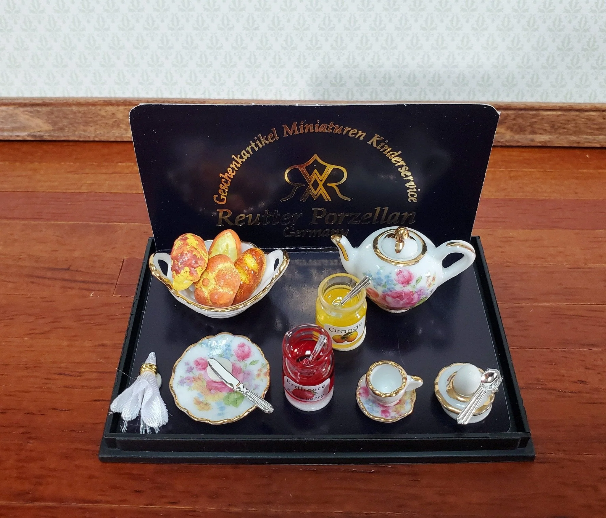 Miniature Breakfast Tea Set Reutter Porcelain Bread Jam Teapot 1:12 Scale Dollhouse - Image 2