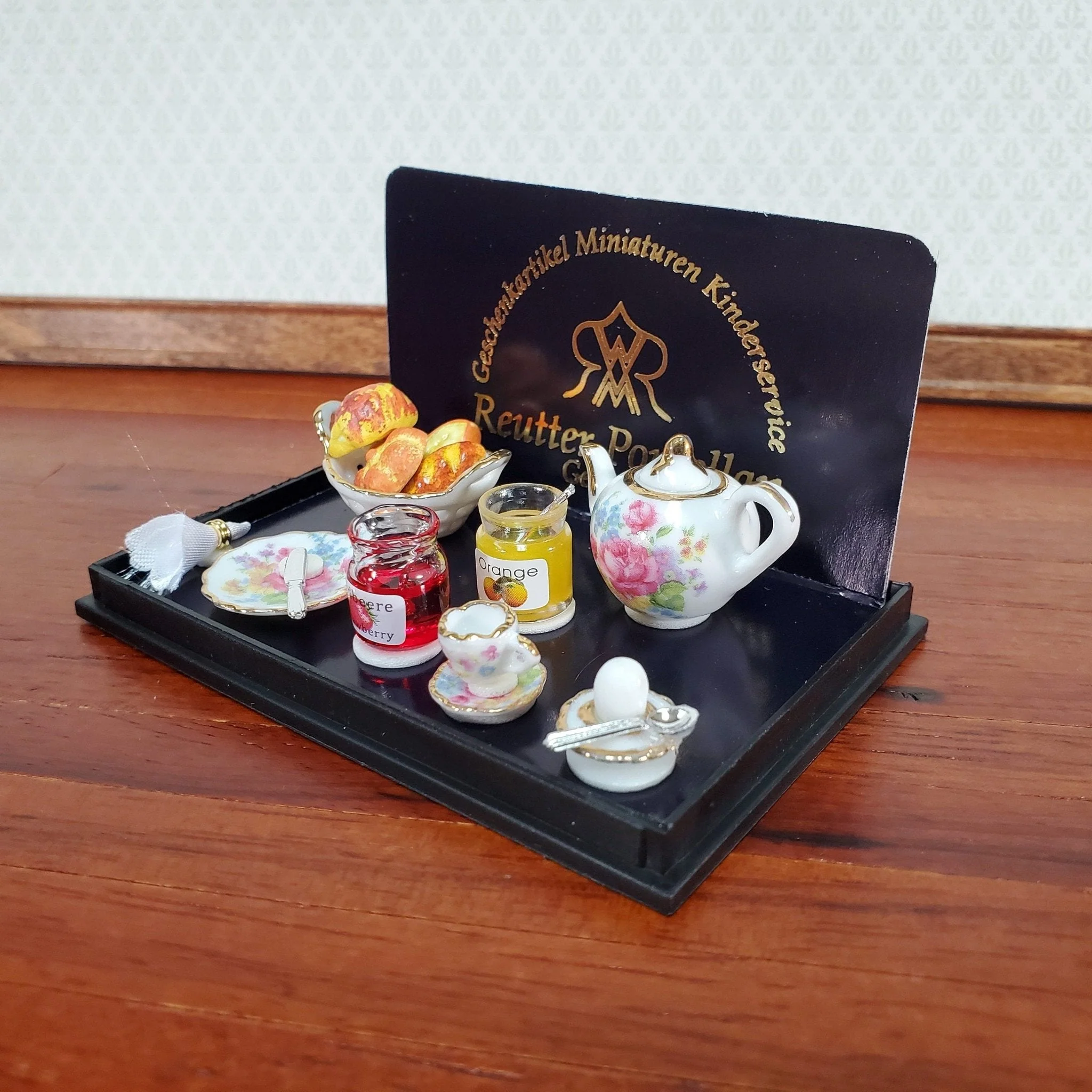 Miniature Breakfast Tea Set Reutter Porcelain Bread Jam Teapot 1:12 Scale Dollhouse - Image 3