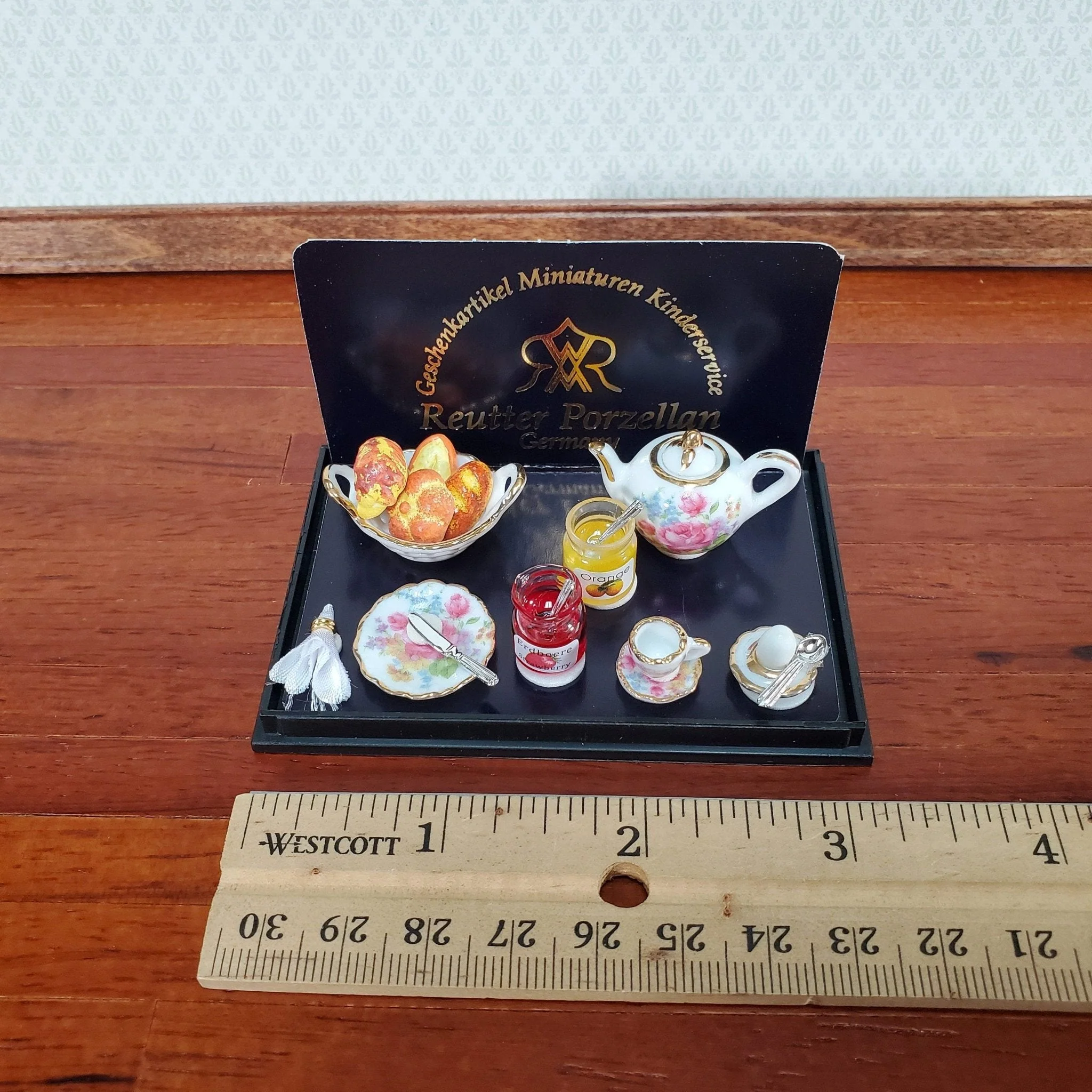 Miniature Breakfast Tea Set Reutter Porcelain Bread Jam Teapot 1:12 Scale Dollhouse - Image 4