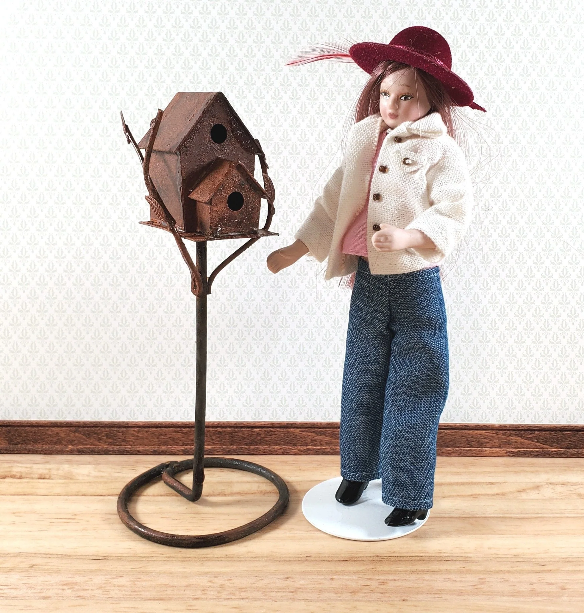 Miniature Double Birdhouse on Stand Rusted Distressed Metal 1:12 Scale Fairy Garden - Image 3