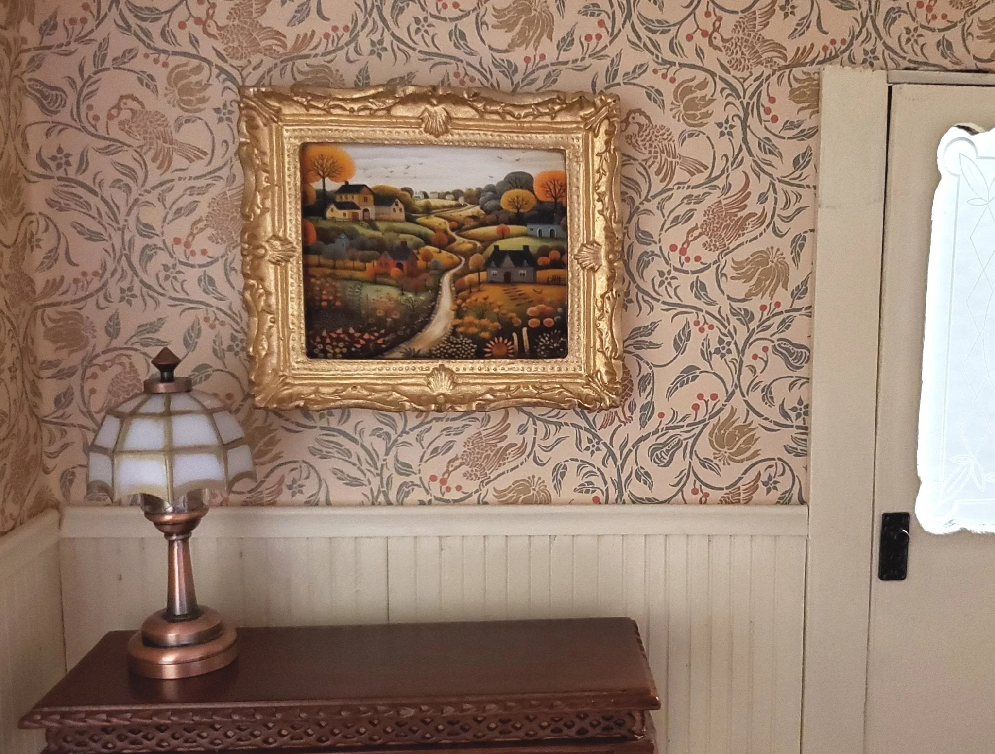 Miniature Folk Art Framed Art Print Houses Trees Hills 1:12 Scale Dollhouse - Image 2