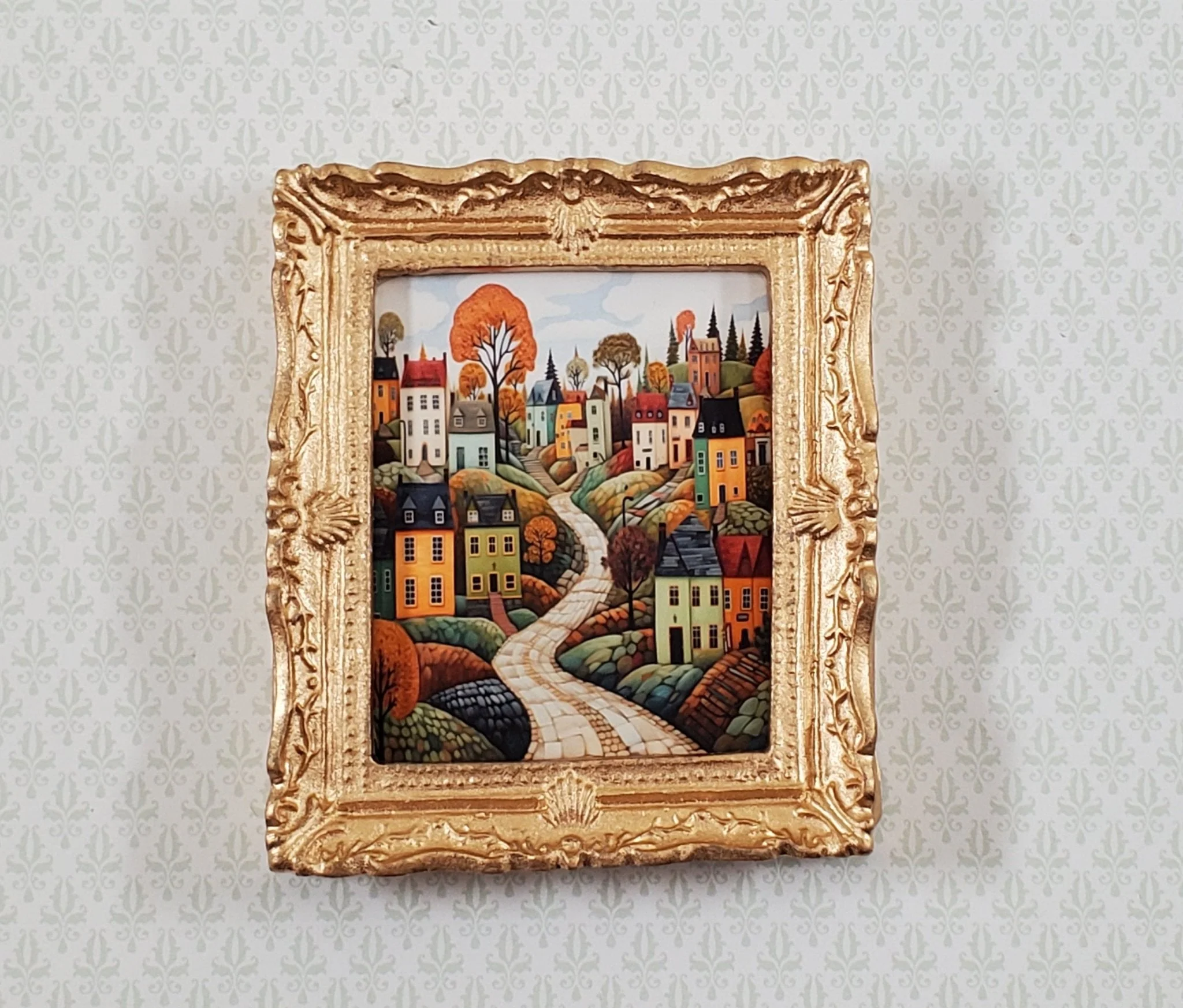 Miniature Folk Art Framed Art Print Houses Trees Road 1:12 Scale Dollhouse