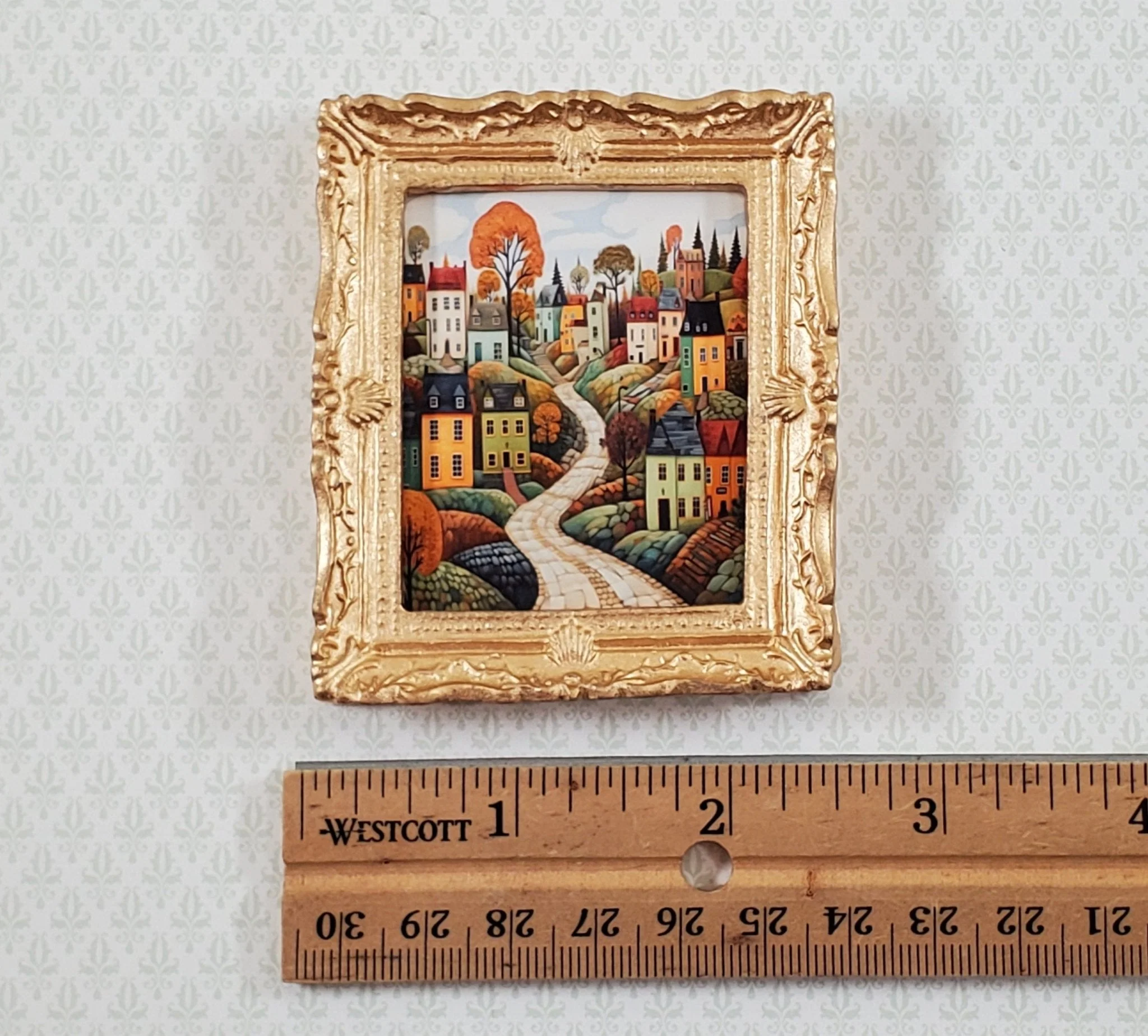 Miniature Folk Art Framed Art Print Houses Trees Road 1:12 Scale Dollhouse - Image 4