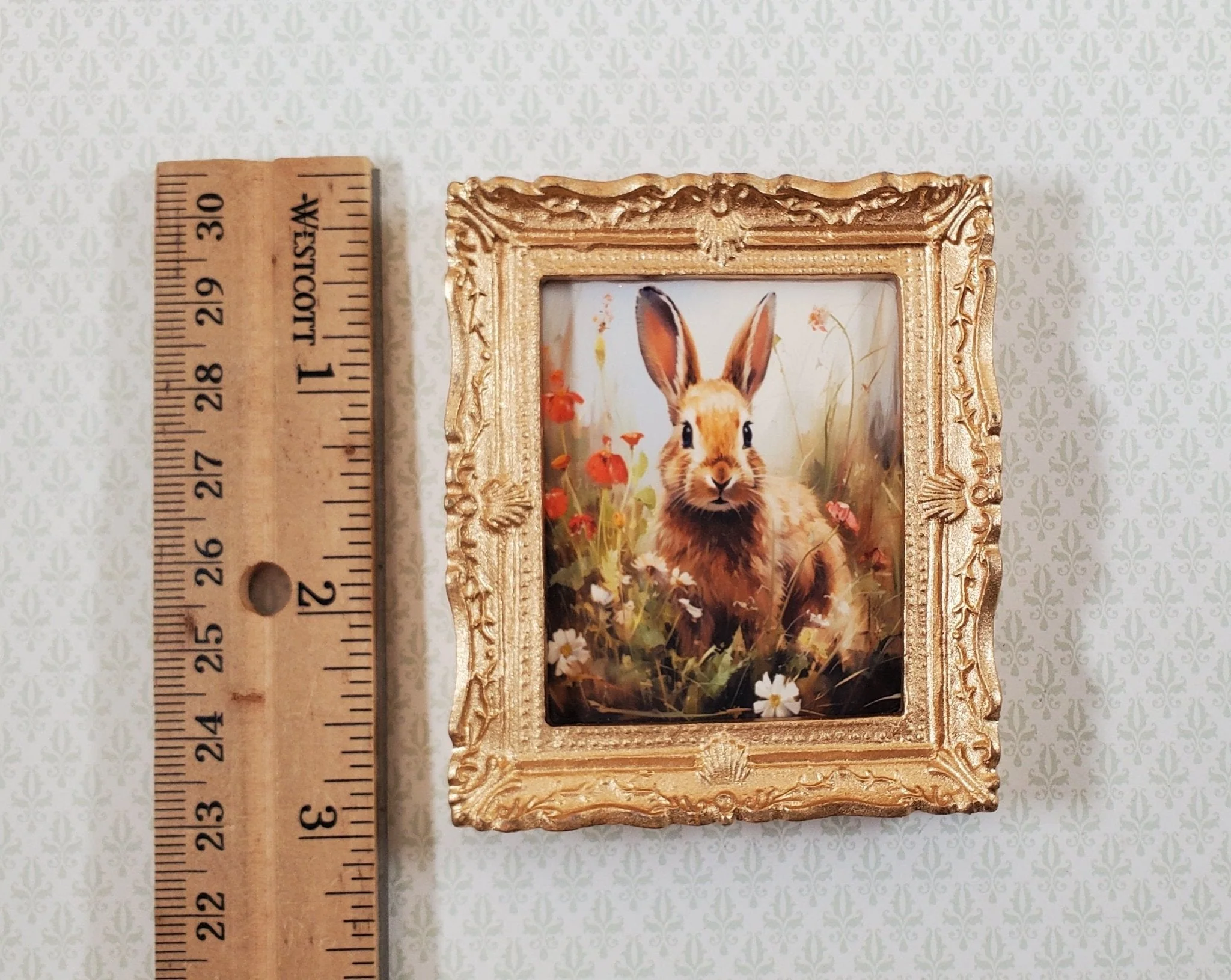 Miniature Framed Art Print Bunny Rabbit with Poppies 1:12 Scale Dollhouse - Image 3