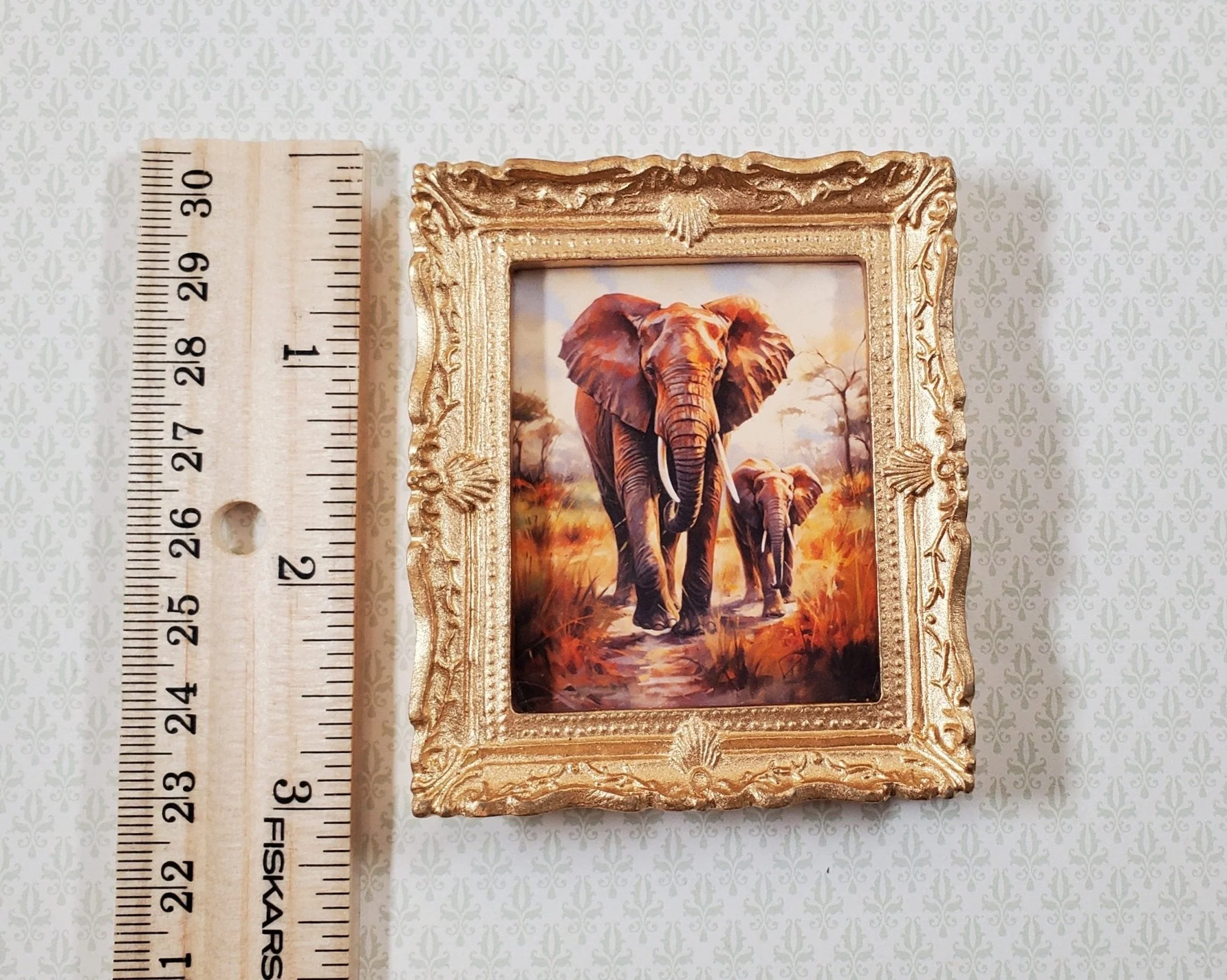 Miniature Framed Art Print Elephant with Calf Gold Frame 1:12 Scale Dollhouse - Image 3