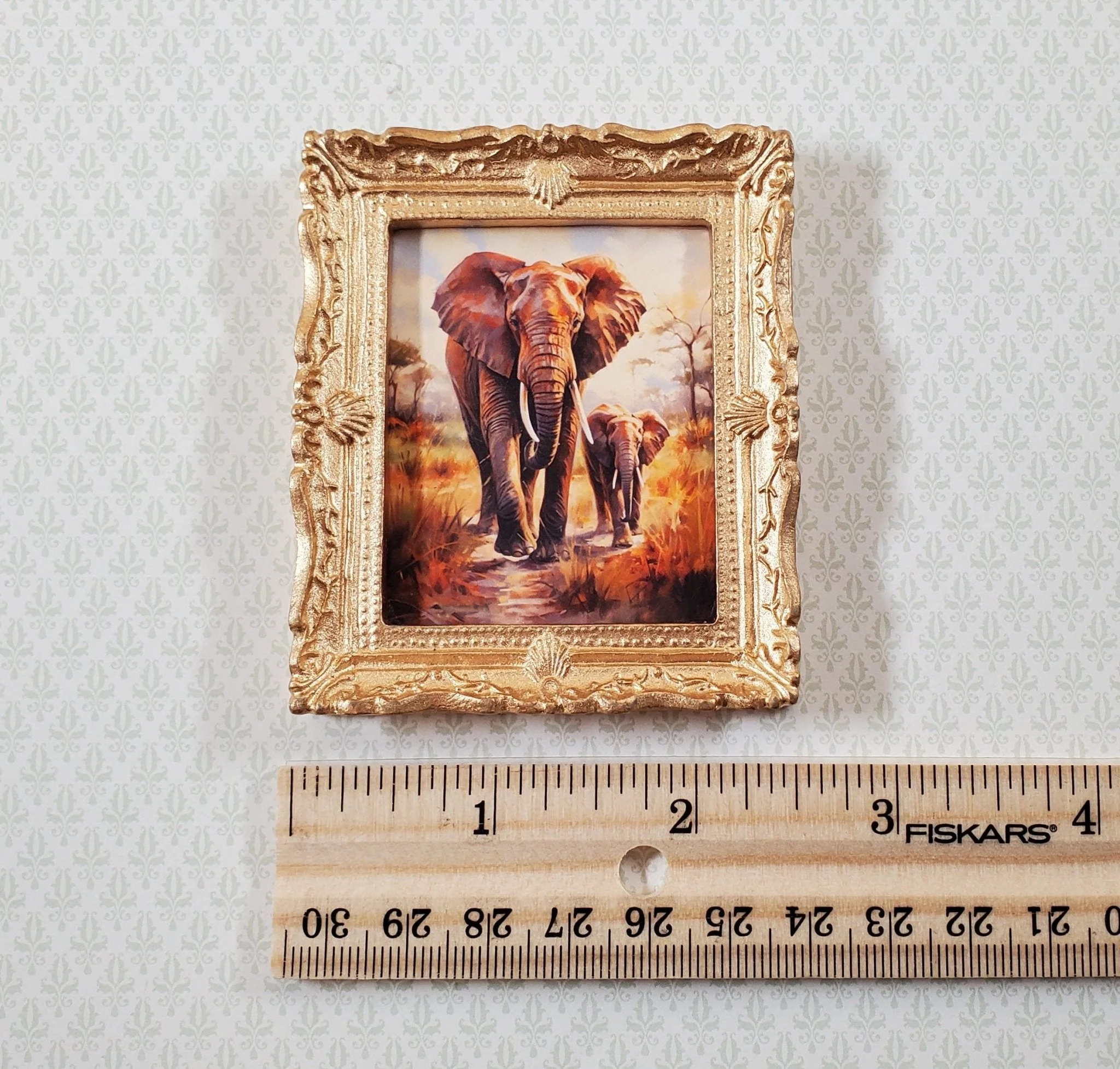 Miniature Framed Art Print Elephant with Calf Gold Frame 1:12 Scale Dollhouse - Image 4