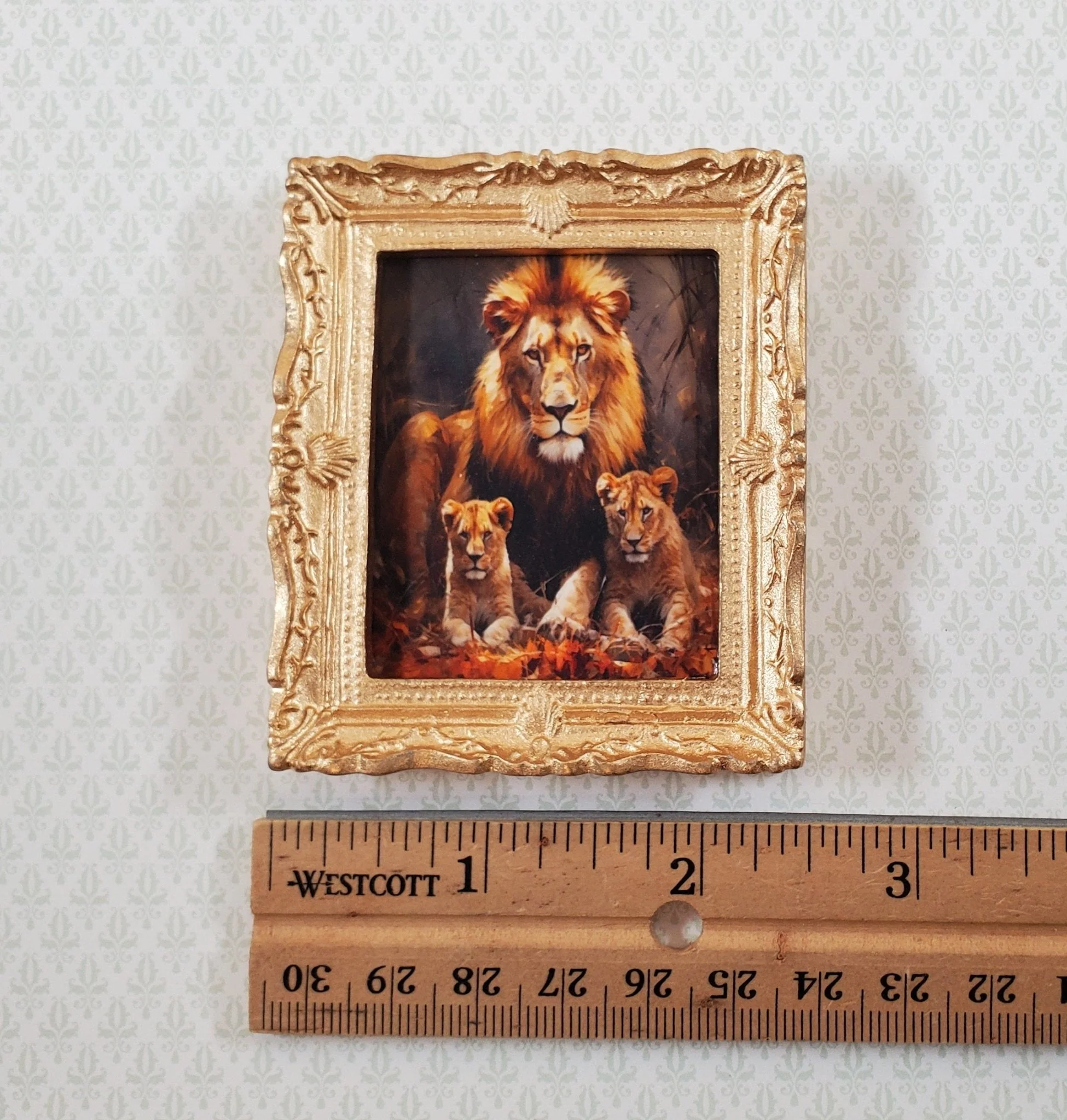 Miniature Framed Art Print Male Lion with Cubs Gold Frame 1:12 Scale Dollhouse - Image 3