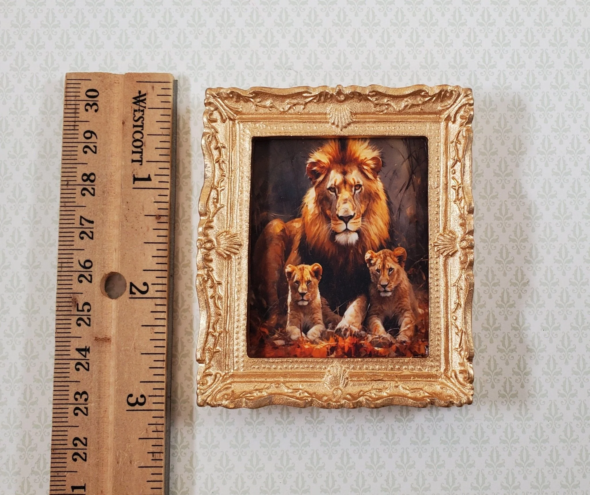 Miniature Framed Art Print Male Lion with Cubs Gold Frame 1:12 Scale Dollhouse - Image 4