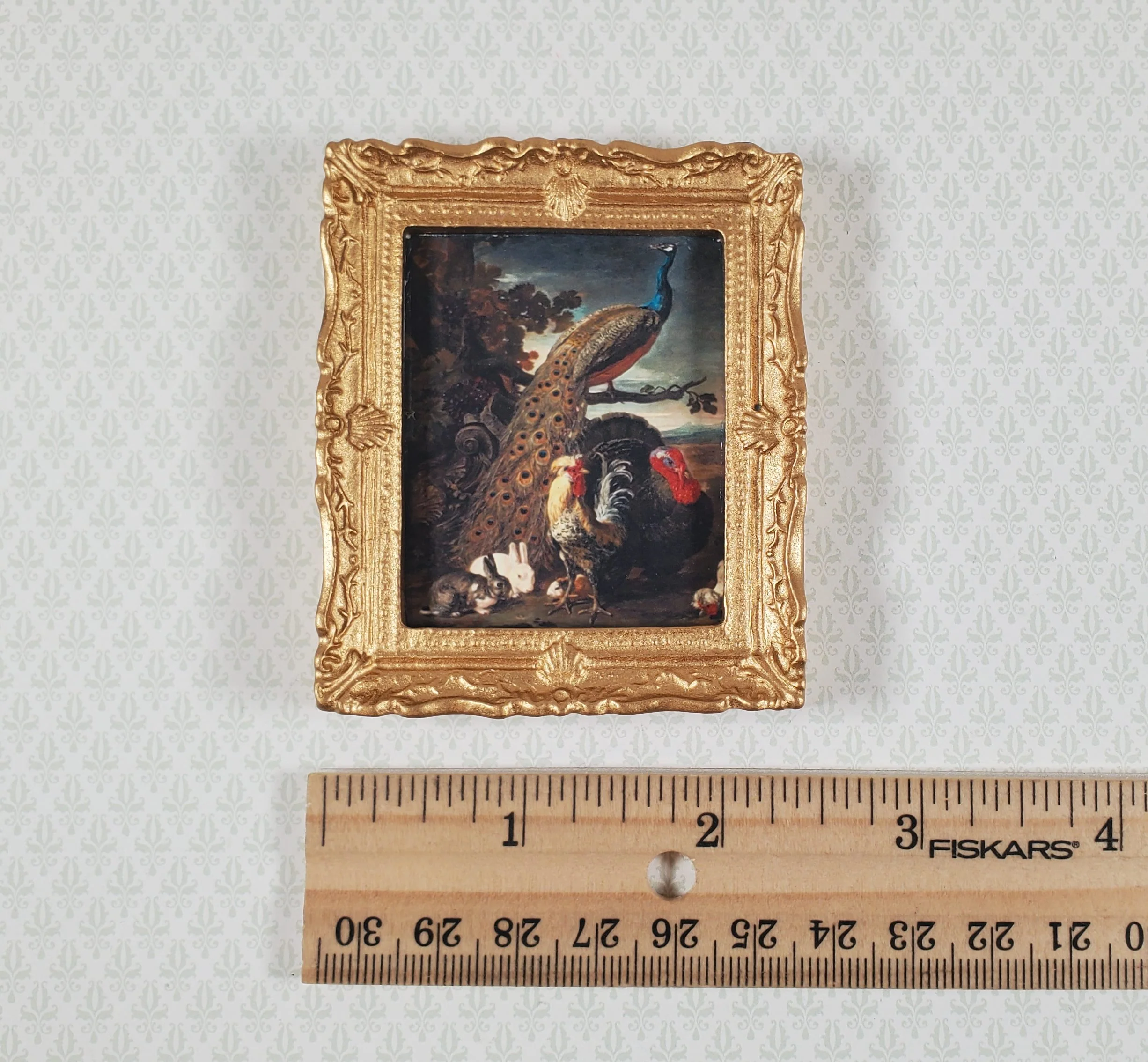 Miniature Framed Peacock Print with Roosters Rabbits 1:12 Scale for Dollhouse - Image 4