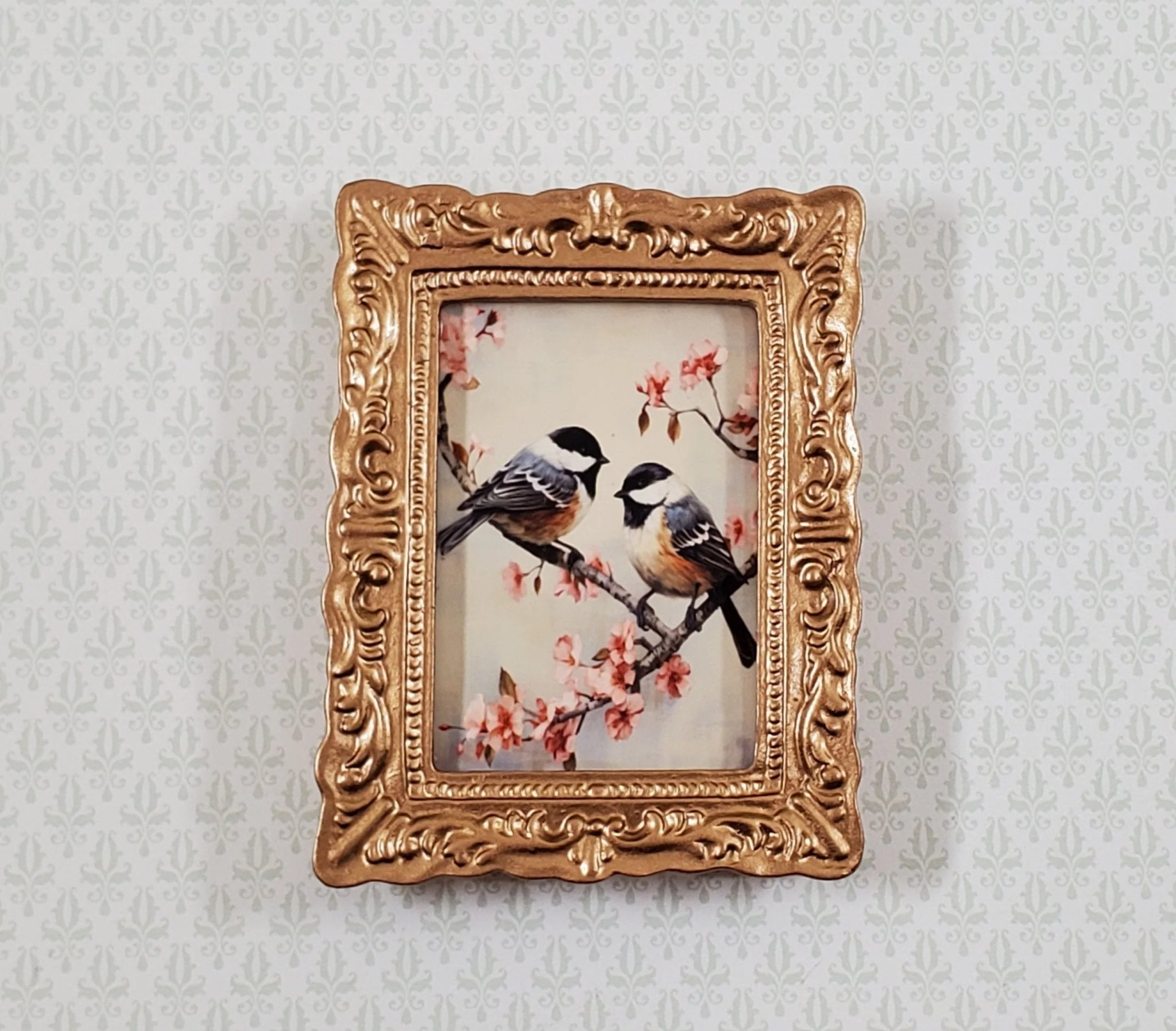 Miniature Framed Print Chickadees Birds on Cherry Branch 1:12 Scale Gold Frame