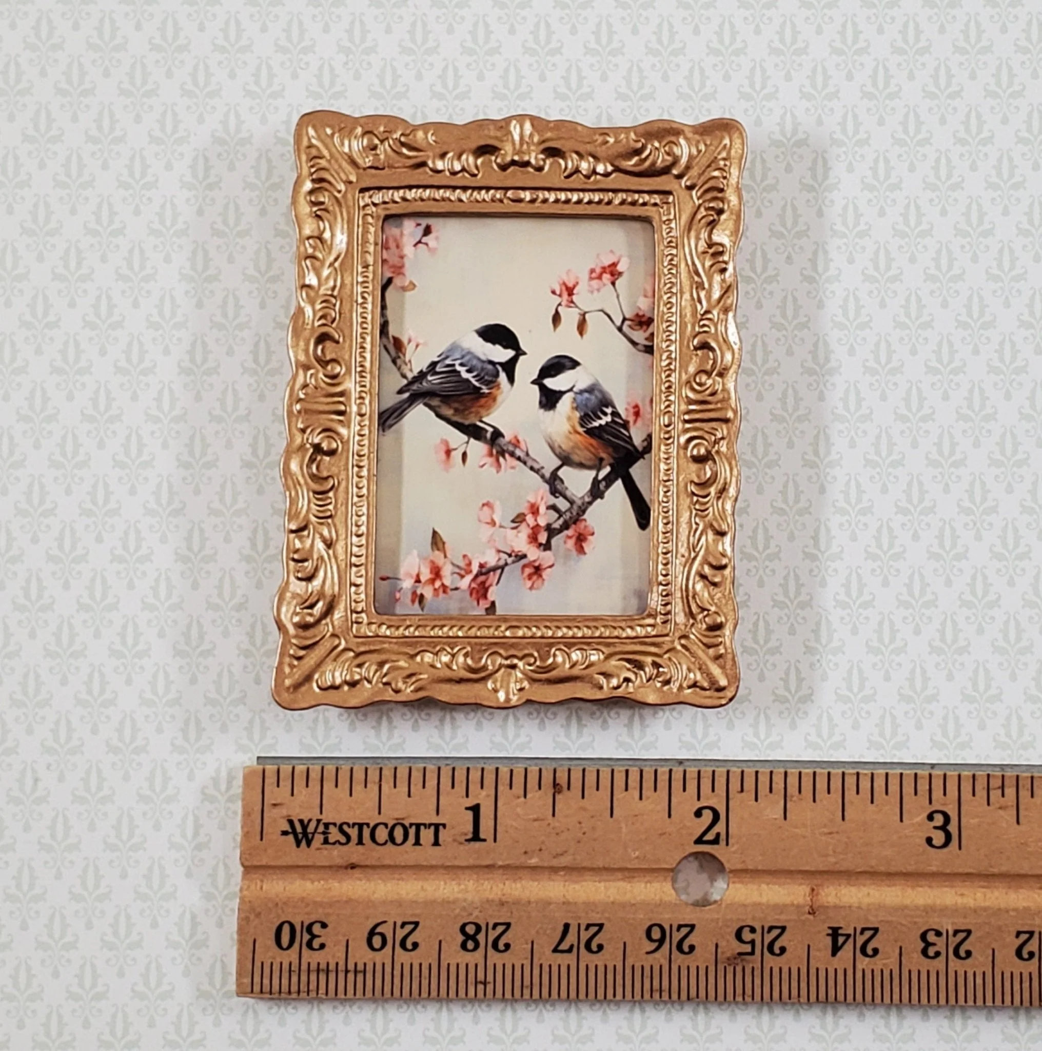 Miniature Framed Print Chickadees Birds on Cherry Branch 1:12 Scale Gold Frame - Image 3