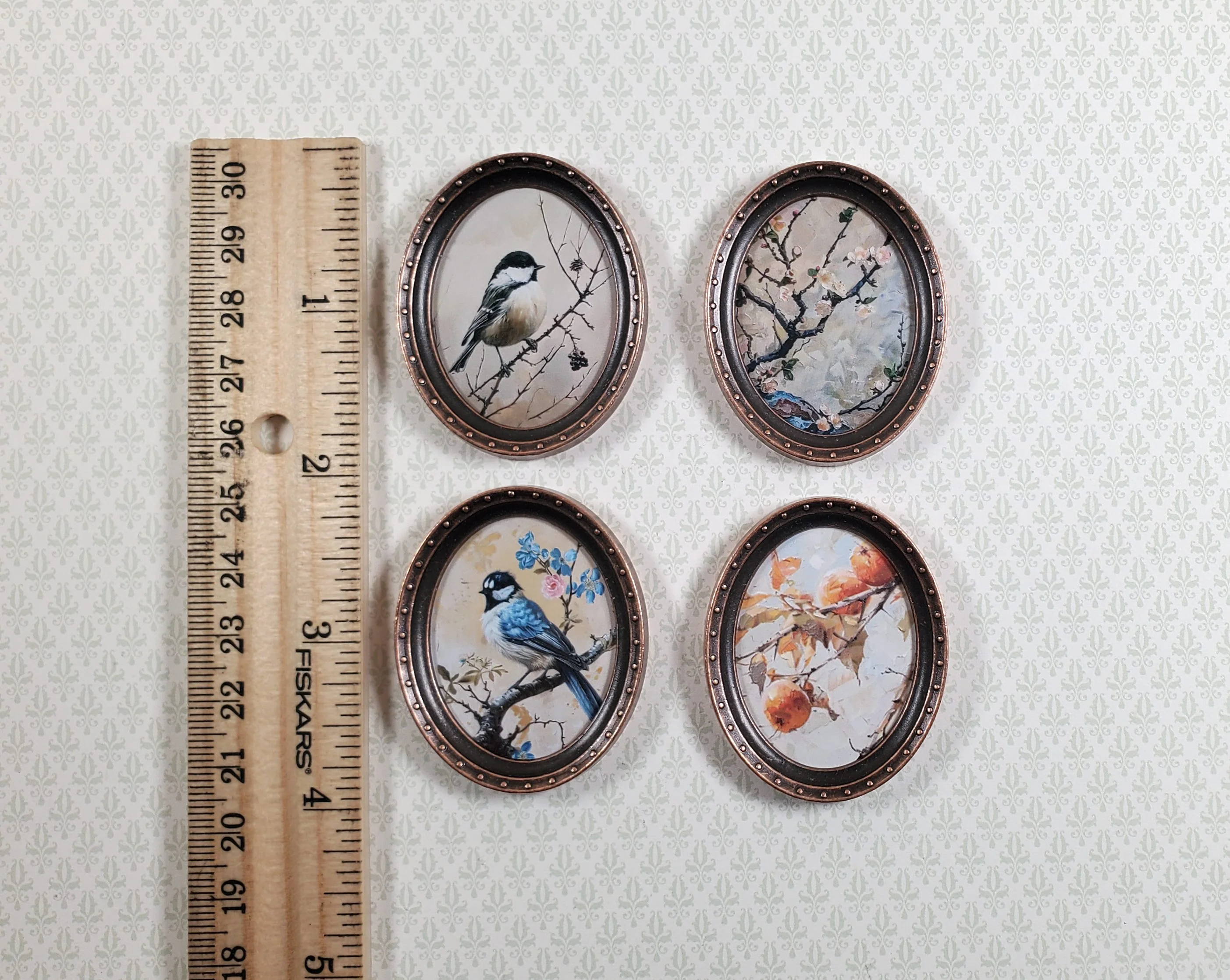 Miniature Framed Prints x4 Chickadee Branches Oval Frames 1:12 Scale Metal Frame - Image 4