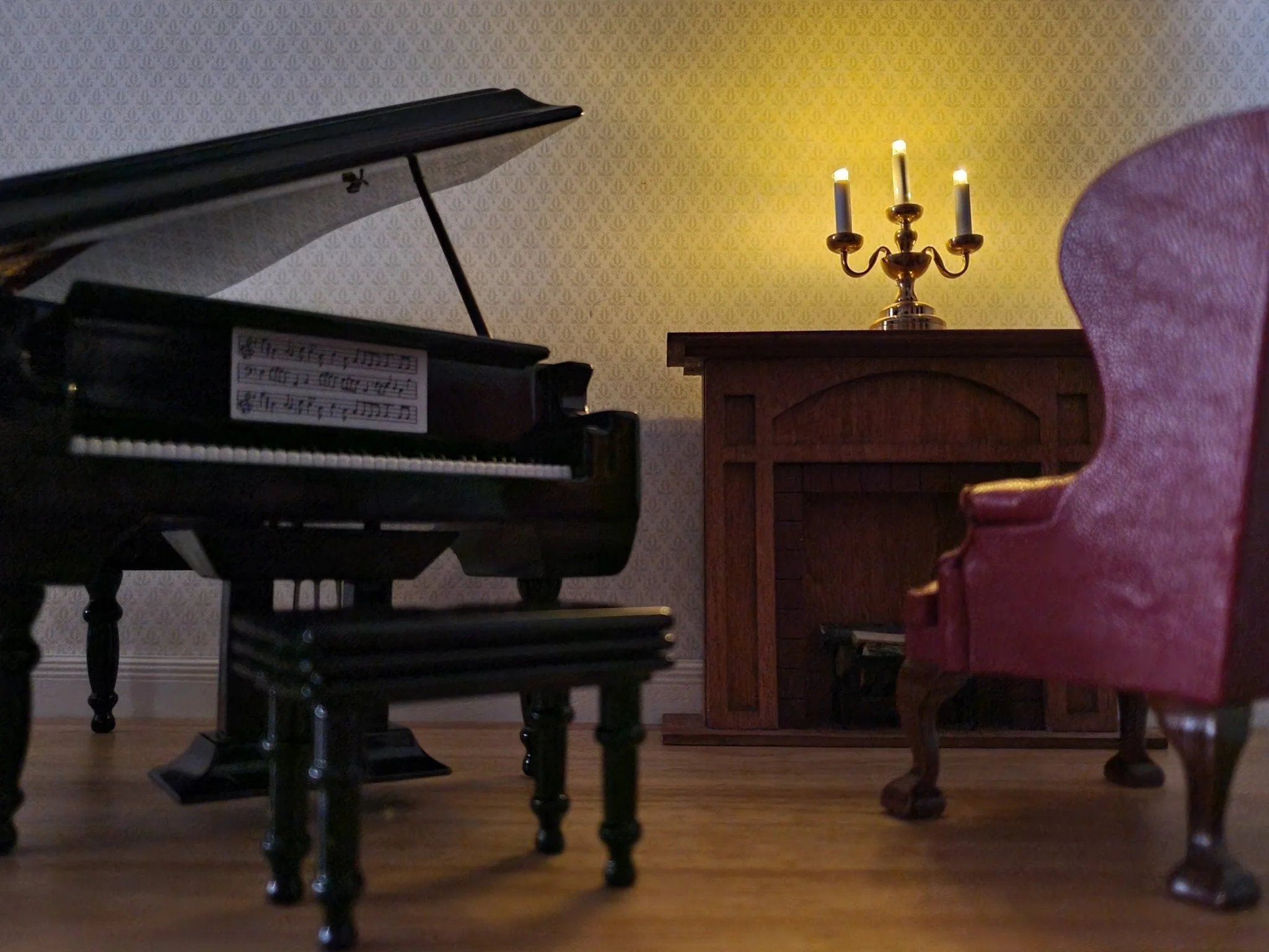 Miniature Piano Grand with Bench Seat Instrument 1:12 Scale Dollhouse Black Finish - Image 3