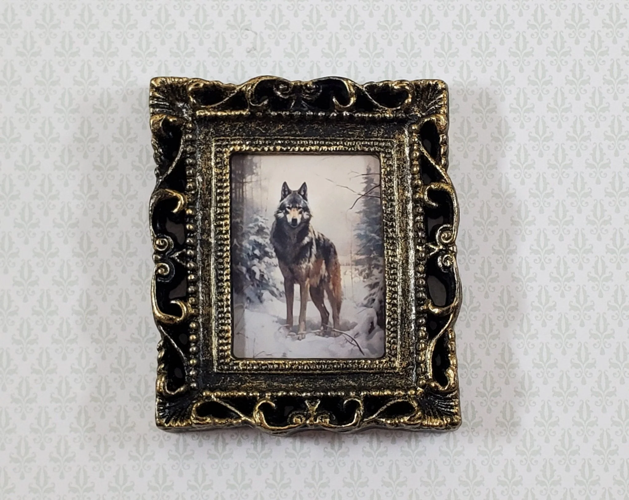 Miniature Gray Wolf in the Forest Art Print Framed 1:12 Scale Dollhouse Decor