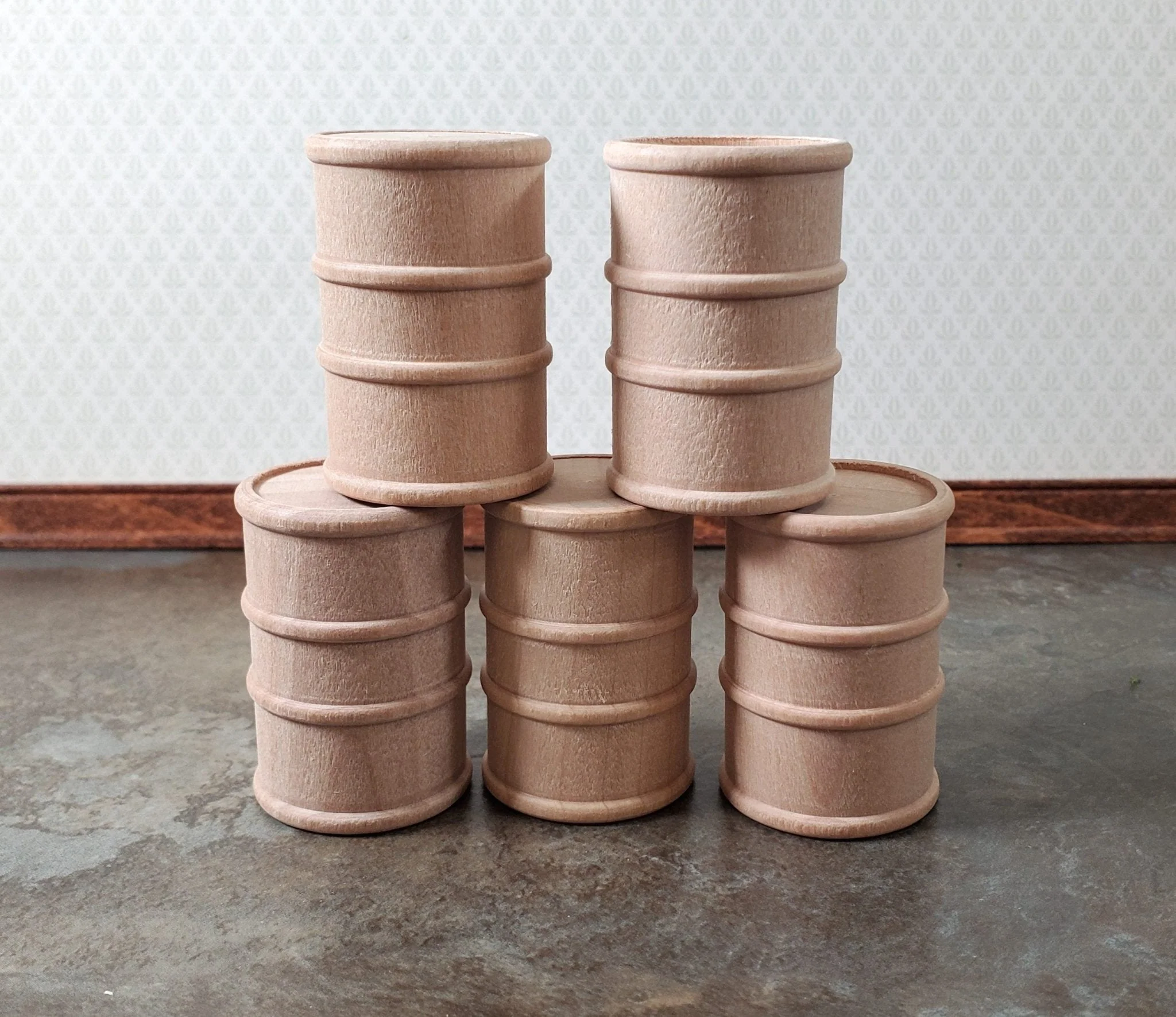 Miniature Oil Barrel Drum Wood Small 1 5/8" Tall Set of 5 Model Building Scenery