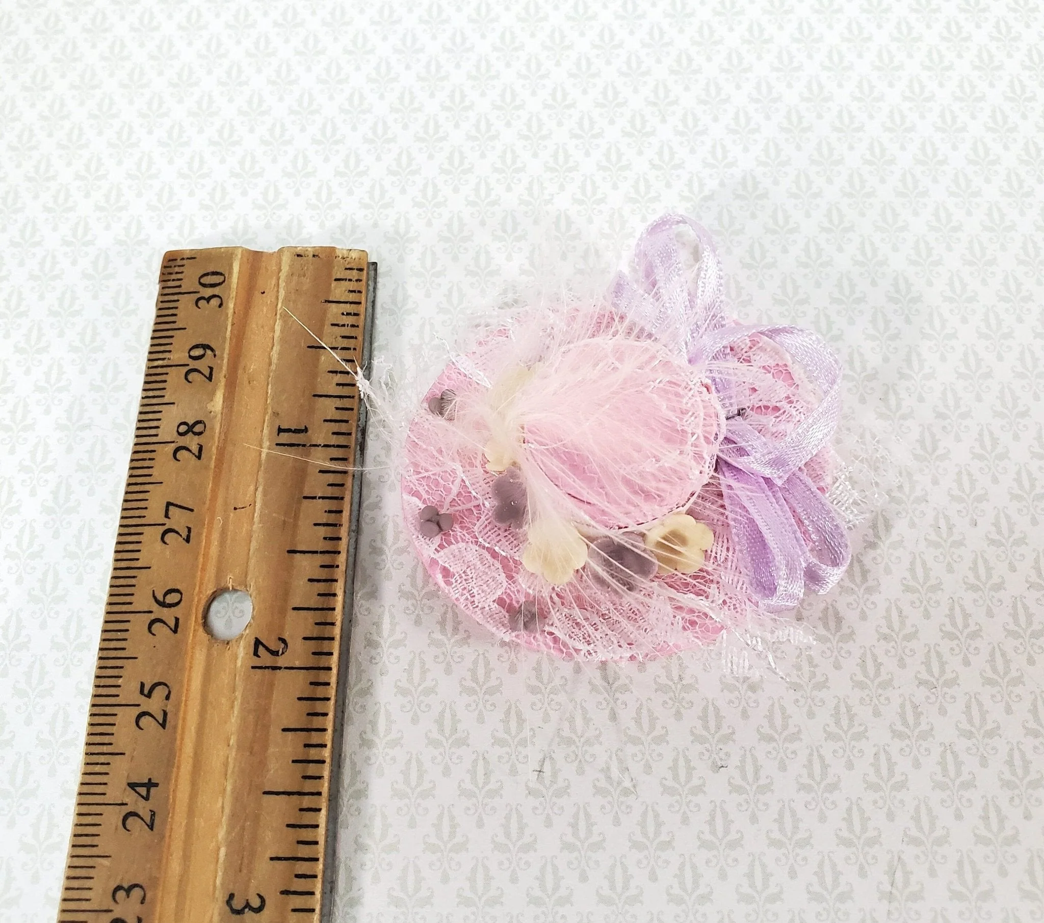 Miniature Pink Hat with Feather Lace & Flowers 1:12 Scale Dollhouse Decor - Image 3