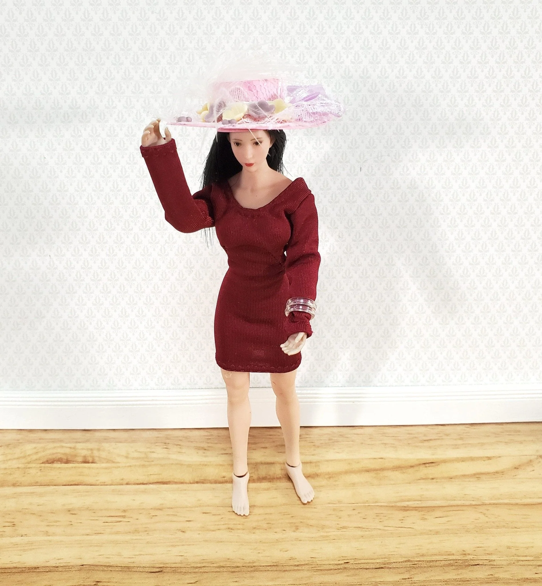 Miniature Pink Hat with Feather Lace & Flowers 1:12 Scale Dollhouse Decor - Image 4