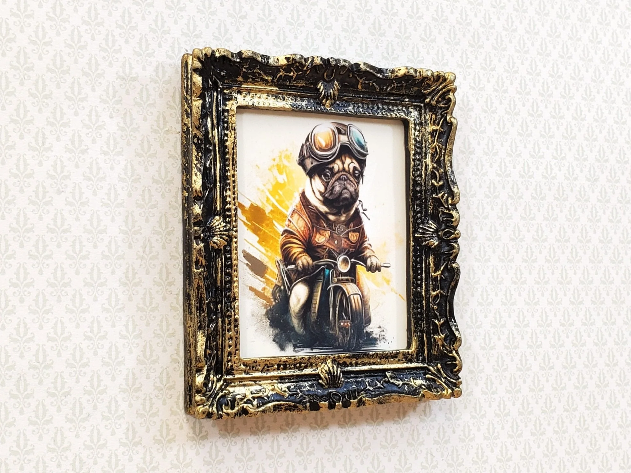 Miniature Pug on a Motorcycle with Goggles Framed Print Dog 1:12 Scale Dollhouse - Image 2