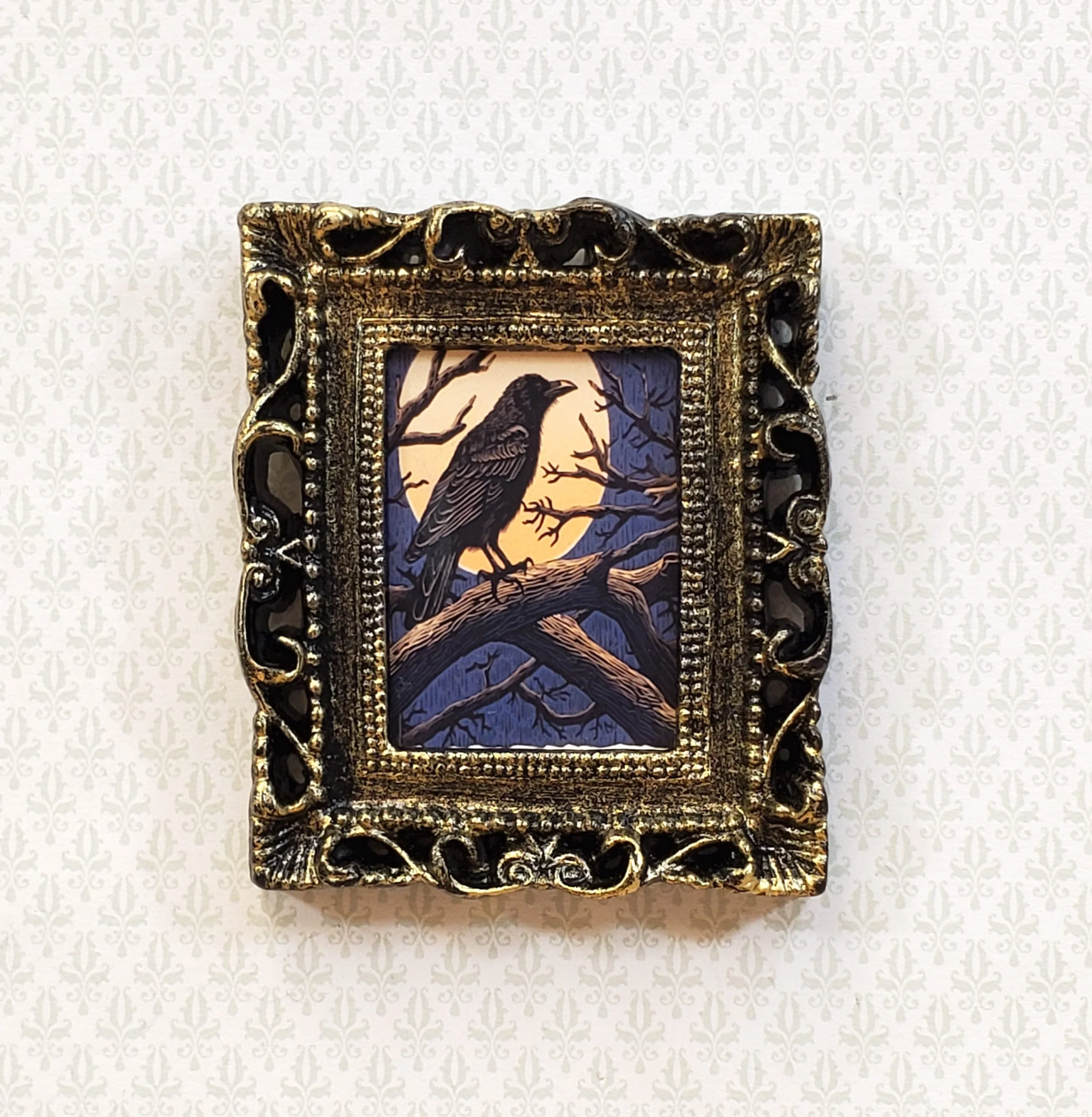 Miniature Raven with Moon Framed Print 1:12 Scale Halloween Haunted House