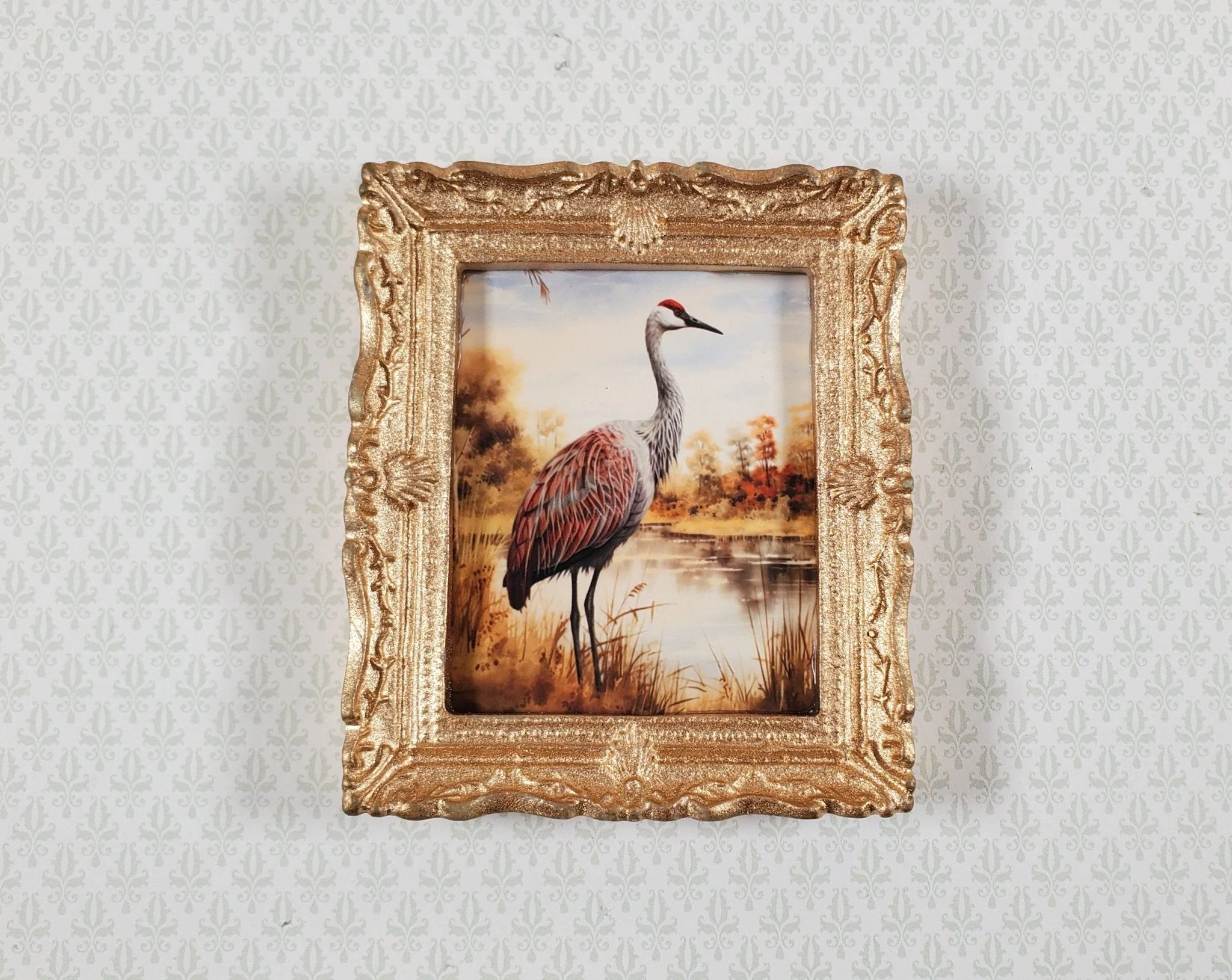 Miniature Sandhill Crane Framed Print Gold 1:12 Scale Handmade for Dollhouse