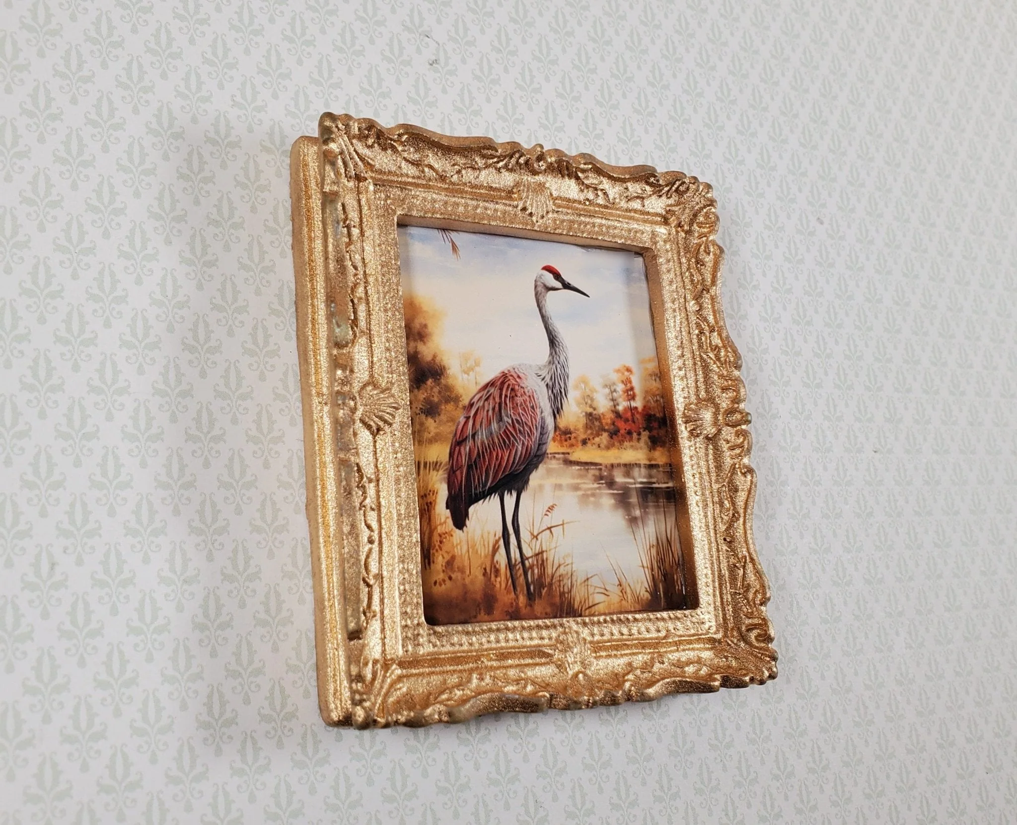 Miniature Sandhill Crane Framed Print Gold 1:12 Scale Handmade for Dollhouse - Image 2
