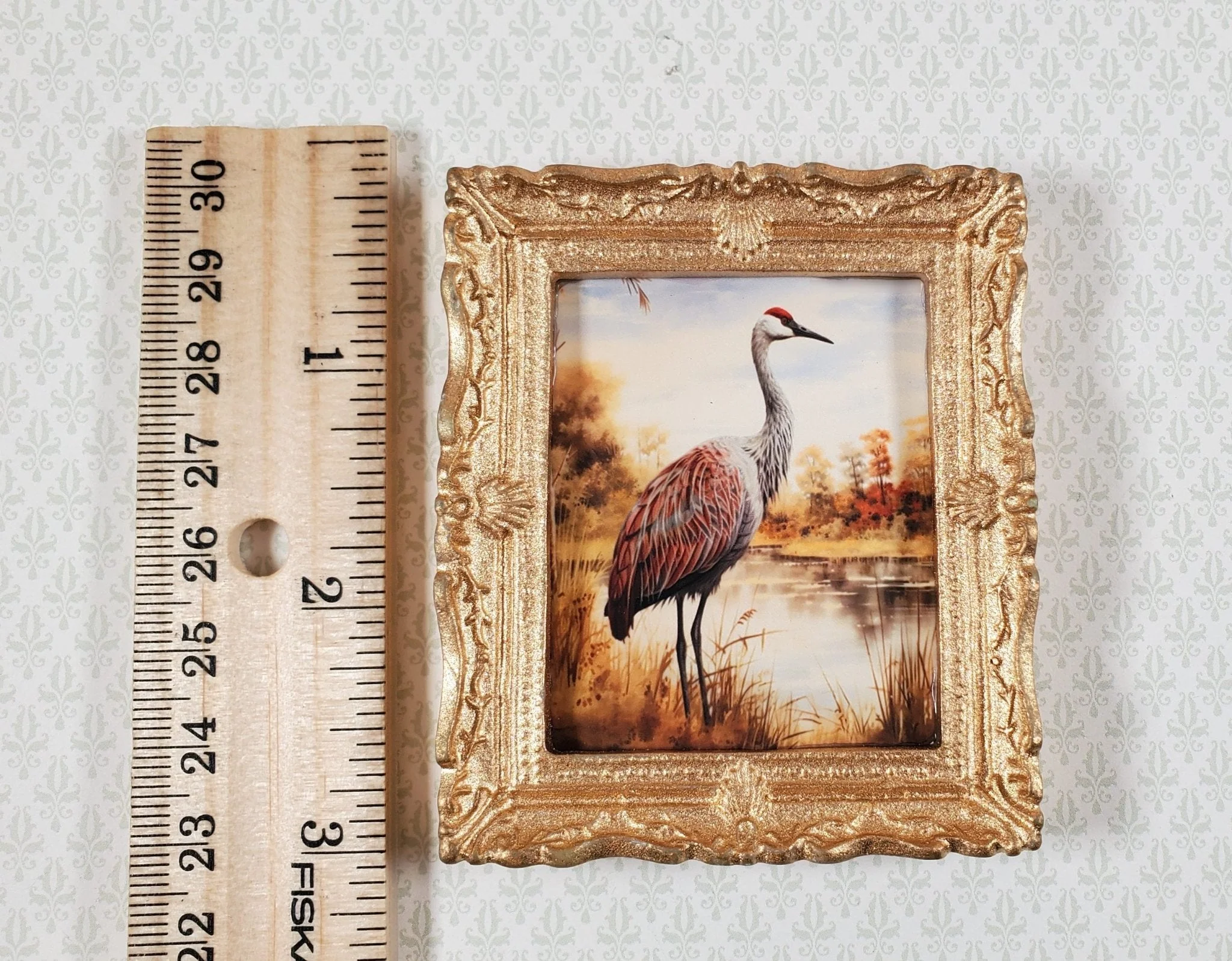 Miniature Sandhill Crane Framed Print Gold 1:12 Scale Handmade for Dollhouse - Image 4
