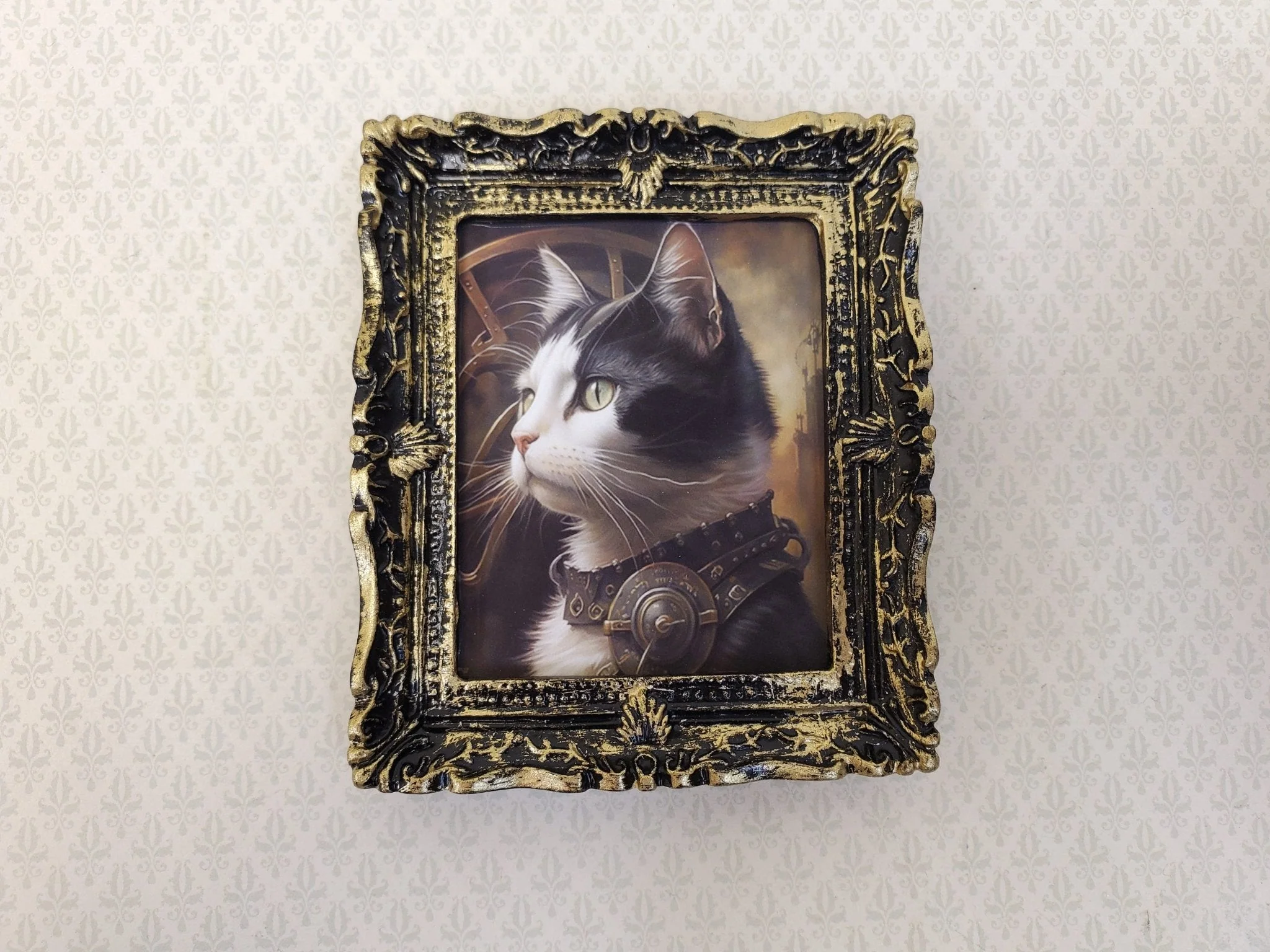 Miniature Steampunk Cat Framed Print Black & White Fur 1:12 Scale Miniature Picture