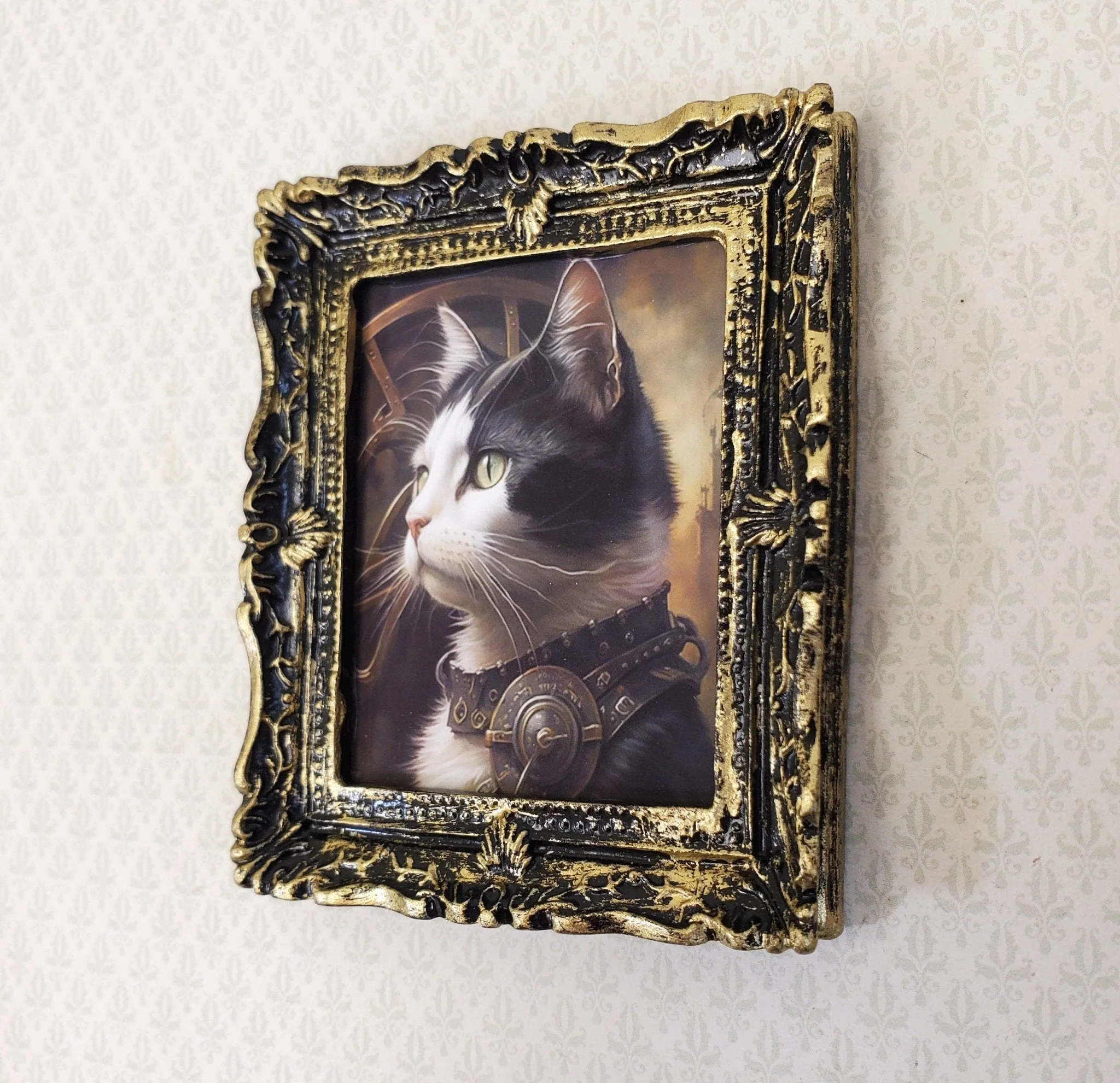 Miniature Steampunk Cat Framed Print Black & White Fur 1:12 Scale Miniature Picture - Image 2