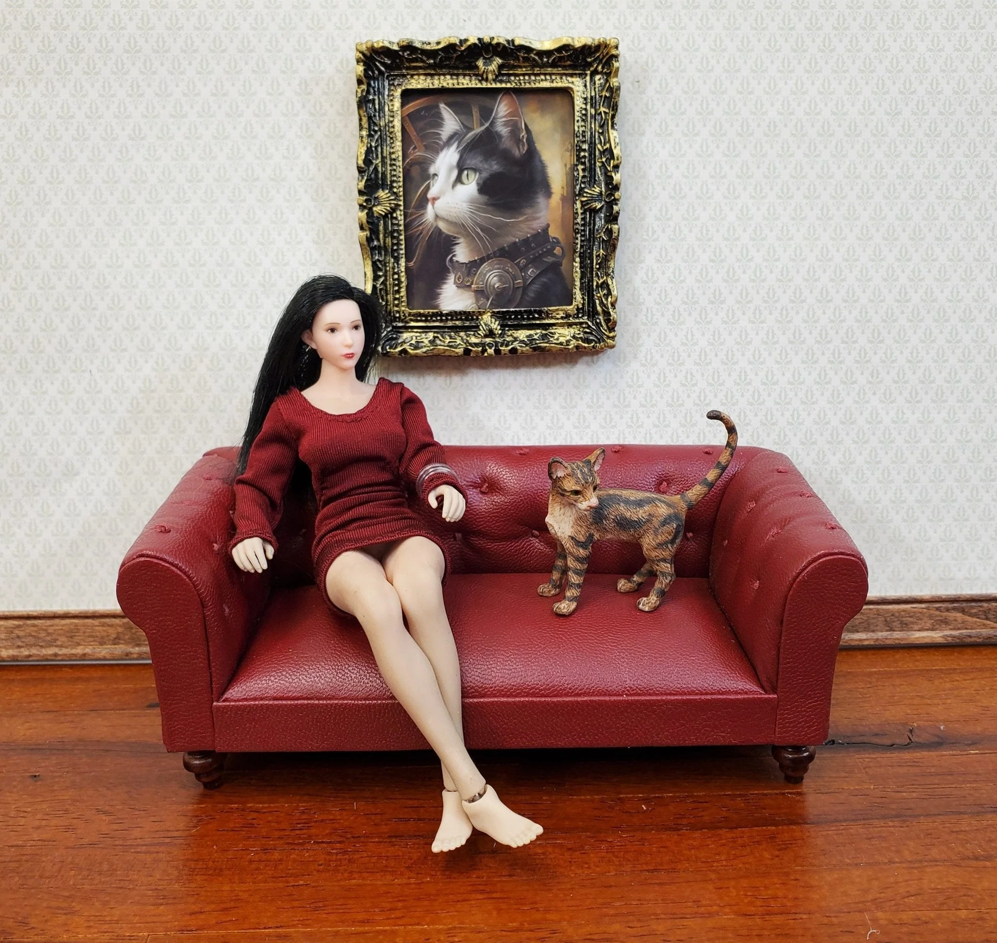 Miniature Steampunk Cat Framed Print Black & White Fur 1:12 Scale Miniature Picture - Image 4