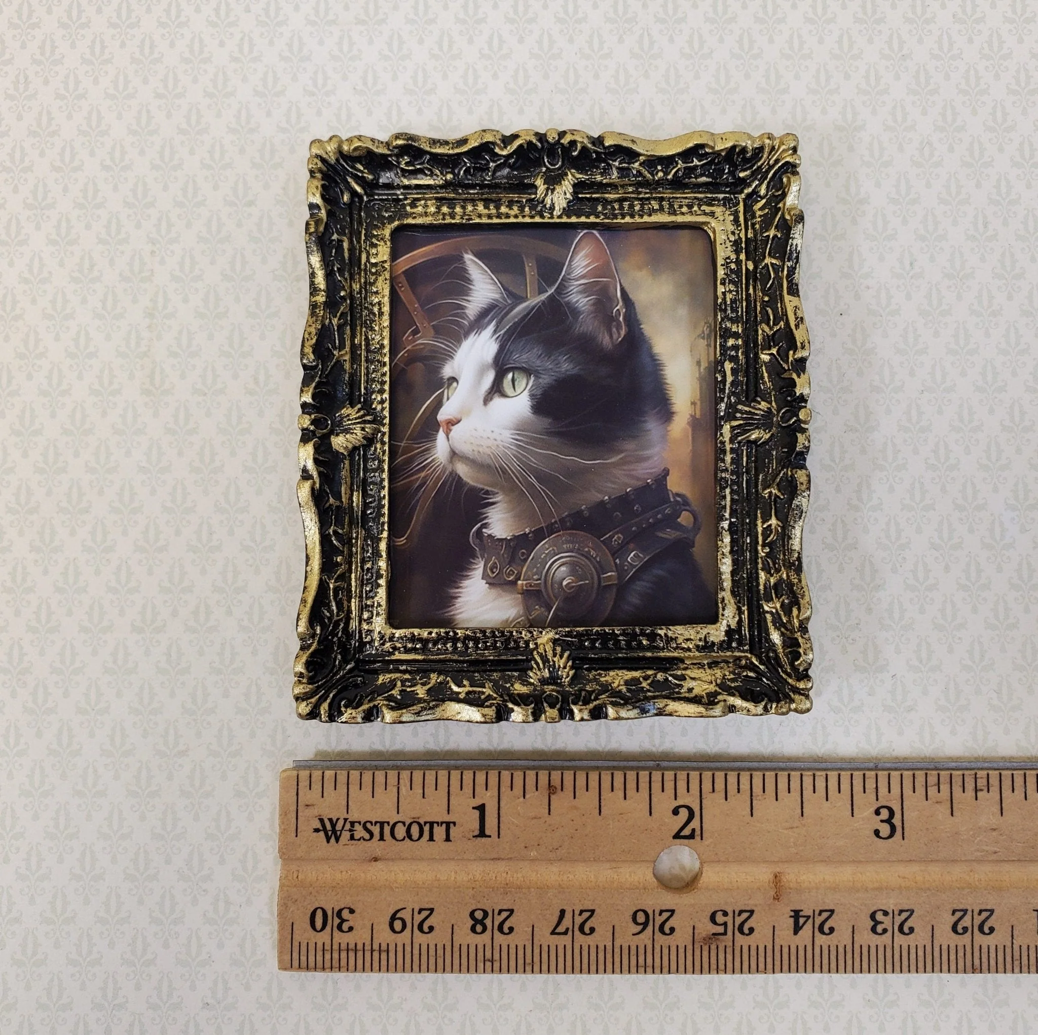 Miniature Steampunk Cat Framed Print Black & White Fur 1:12 Scale Miniature Picture - Image 5