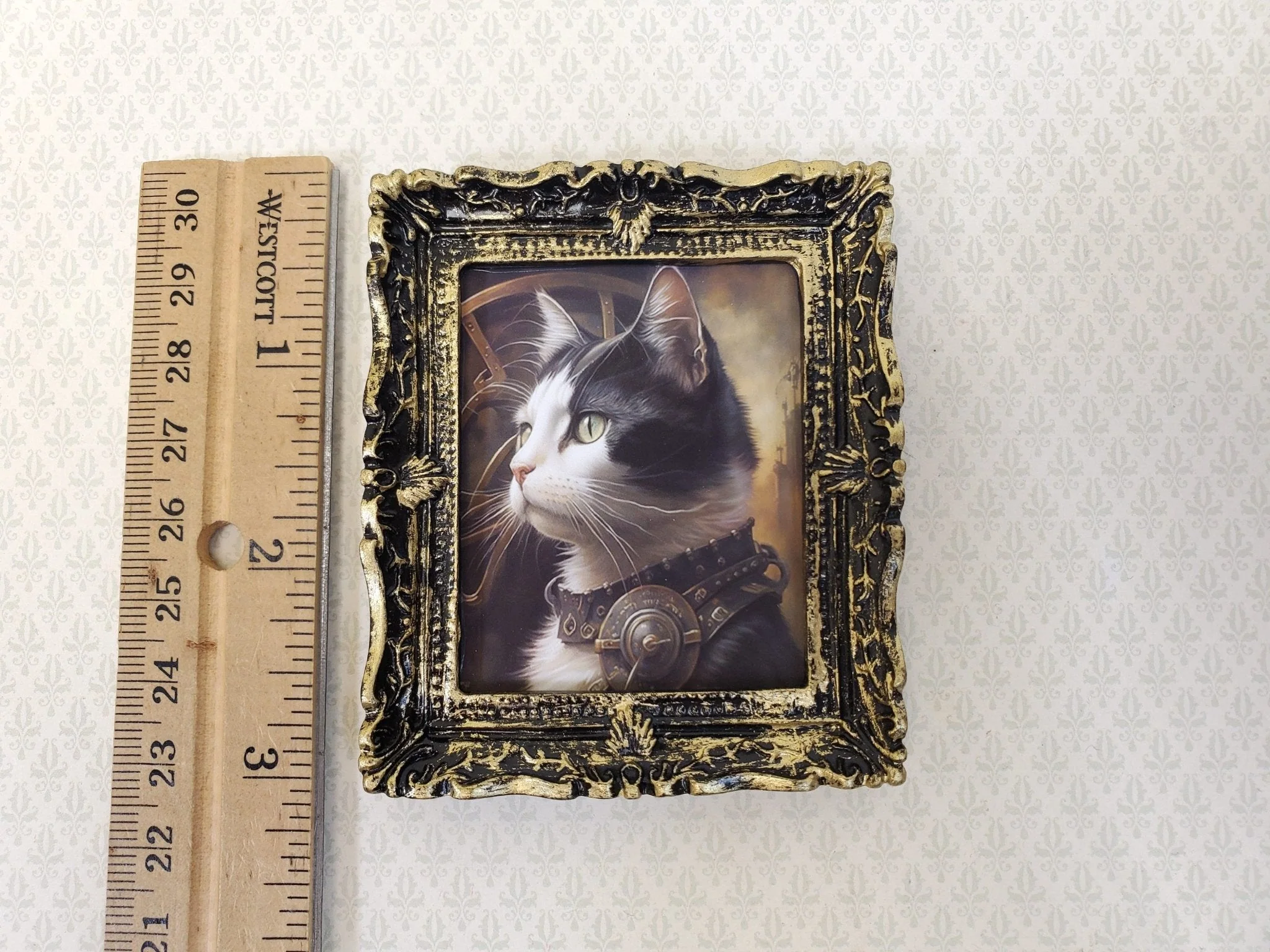 Miniature Steampunk Cat Framed Print Black & White Fur 1:12 Scale Miniature Picture - Image 6