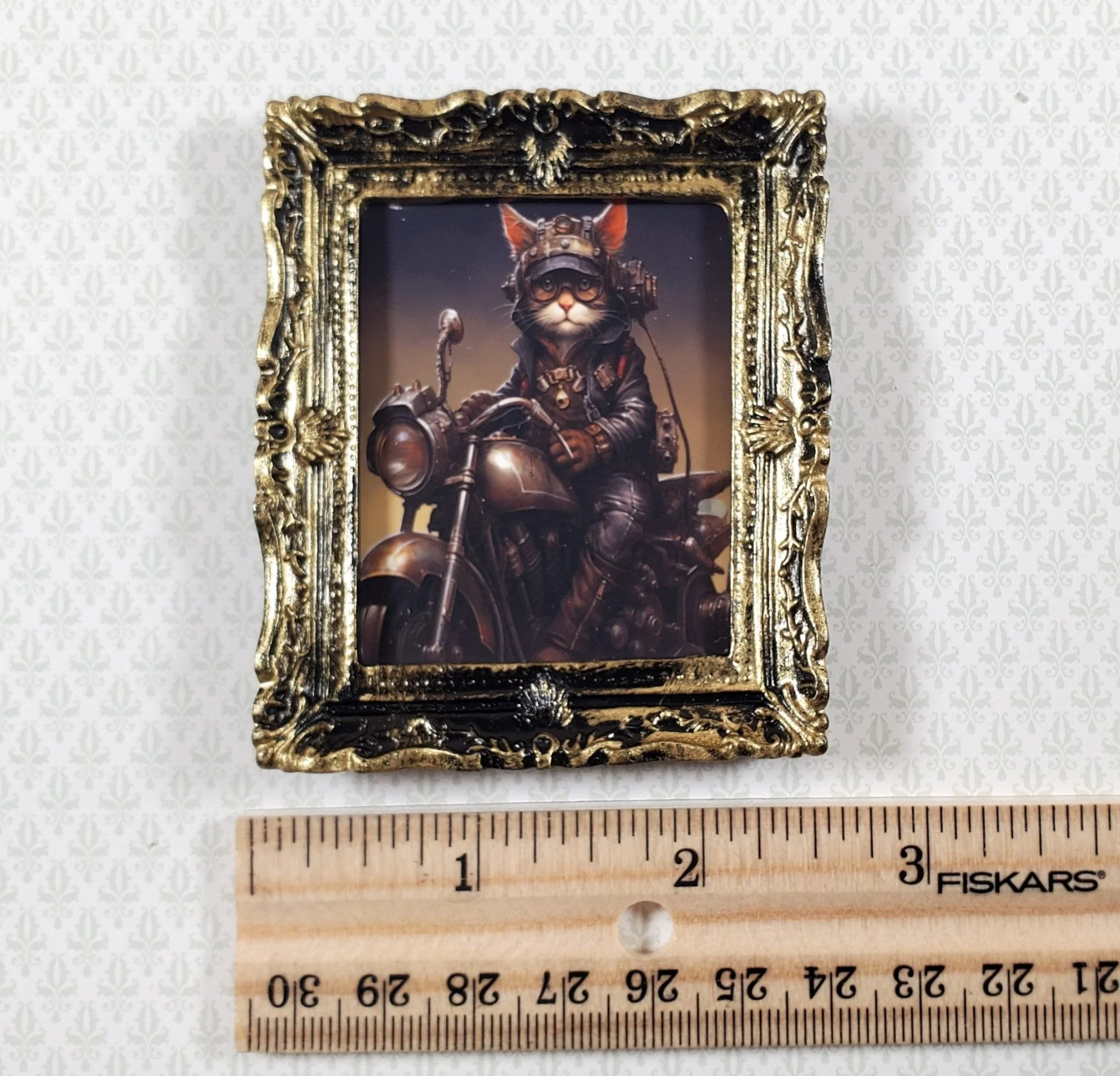 Miniature Steampunk Cat on a Motorcycle Framed Print 1:12 Scale Dollhouse - Image 4