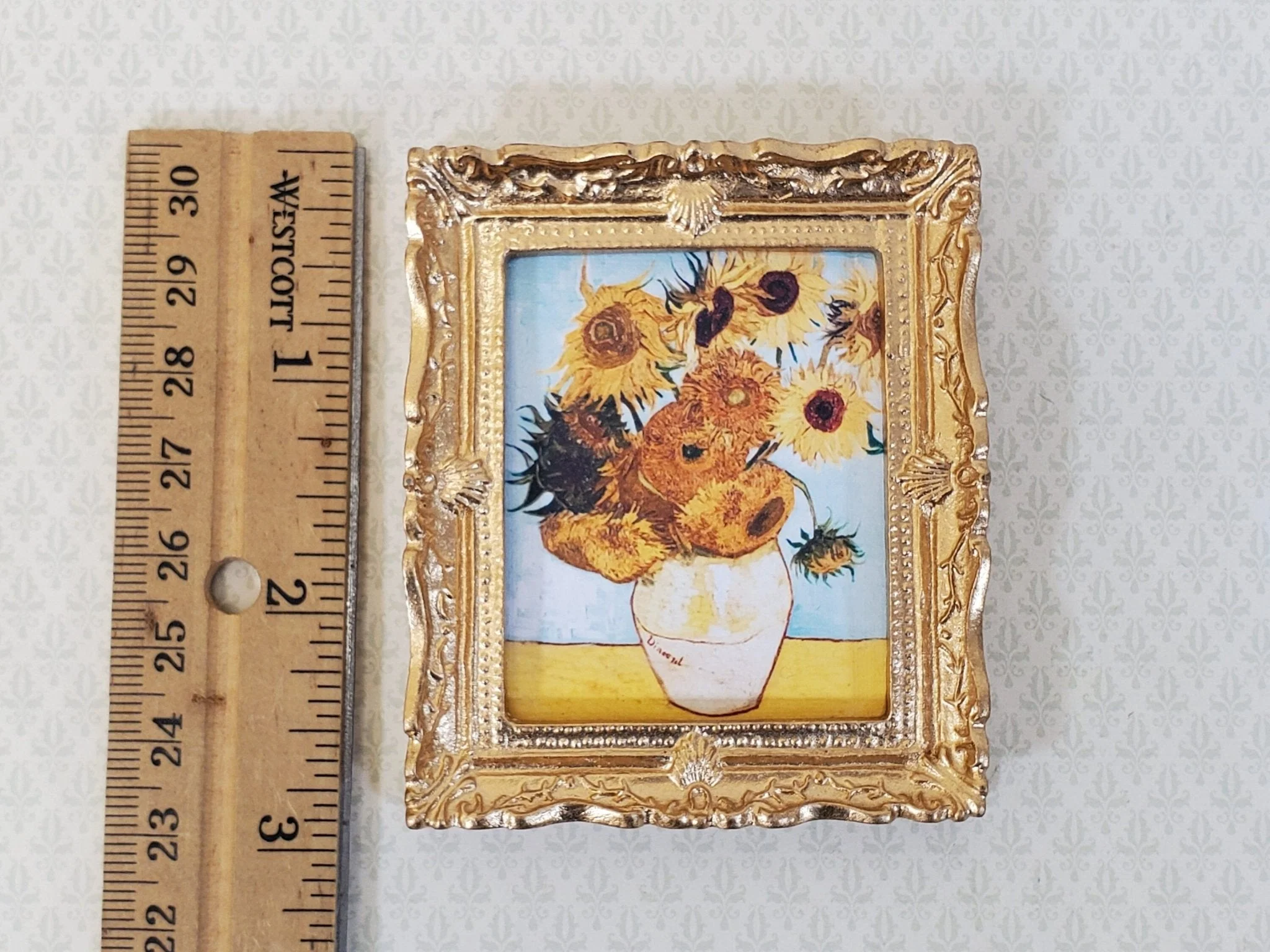 Miniature Sunflowers by Vincent Van Gogh Framed Print Blue Background 1:12 Scale Handmade - Image 4