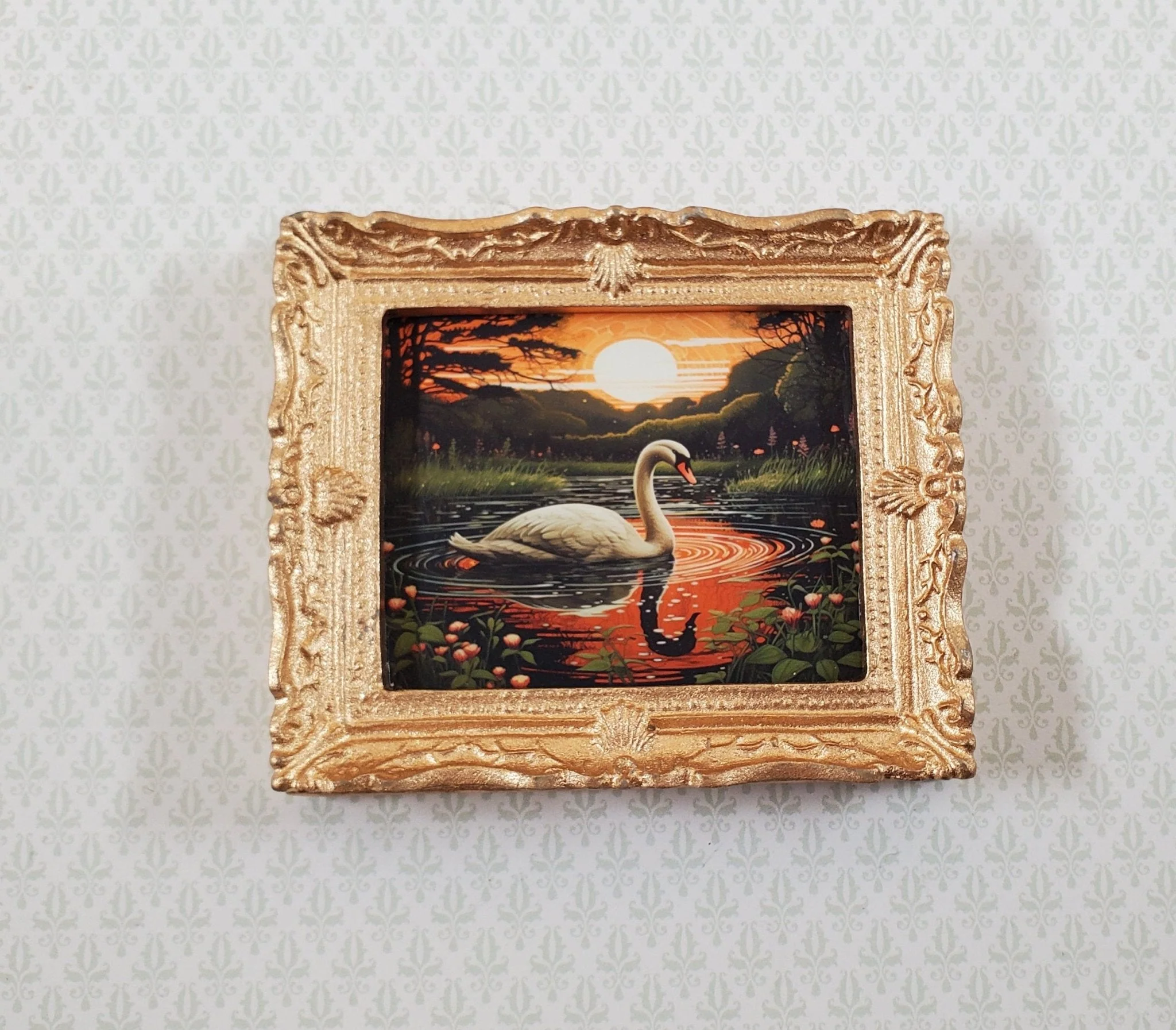 Miniature Trumpeter Swan at Sunset Framed Art Print 1:12 Scale Dollhouse
