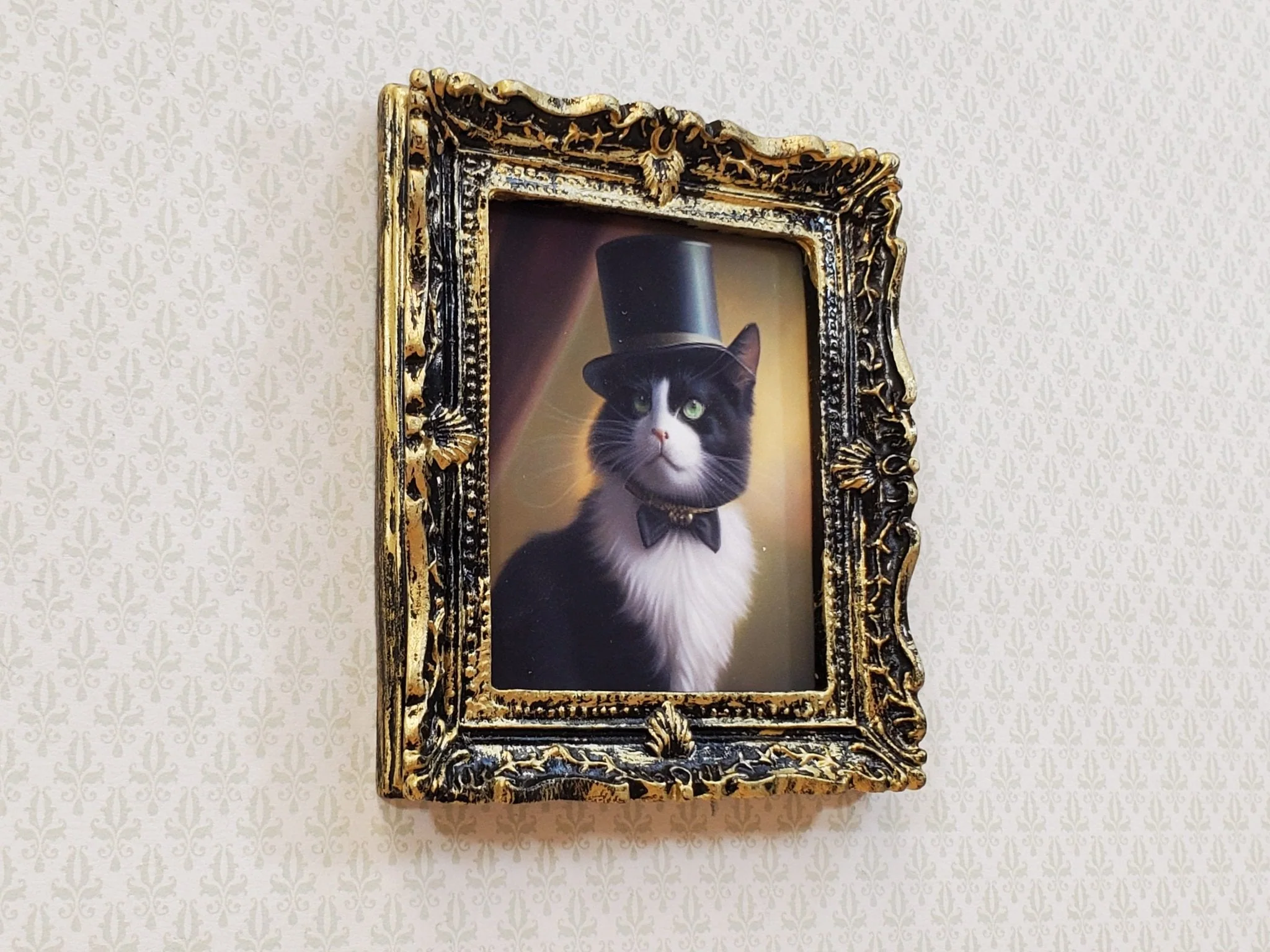 Miniature Tuxedo Cat Framed Print with Top Hat Bow Tie 1:12 Scale Miniature Picture - Image 2